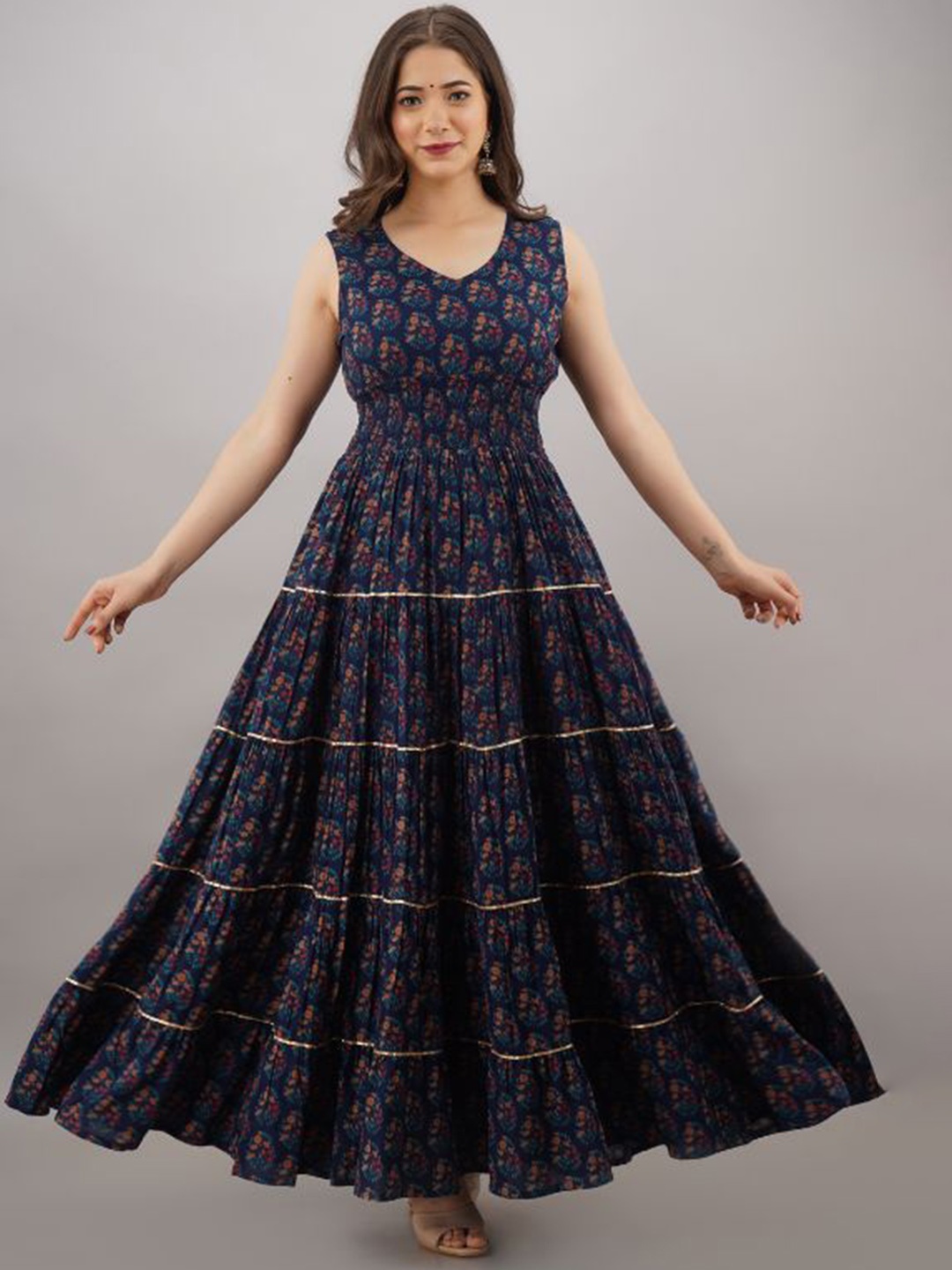 

KALINI Floral Printed V-Neck Maxi Fit and Flare Ethnic Dress, Navy blue