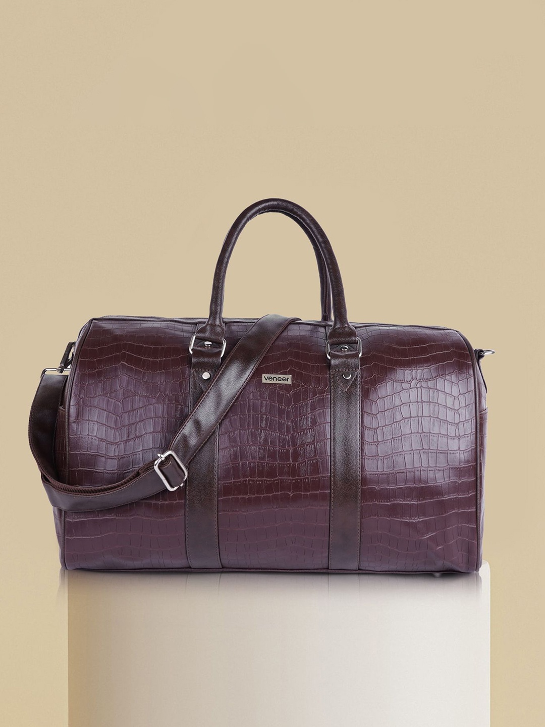 

Veneer Textured Medium Vegan Leather Duffel Bag, Brown
