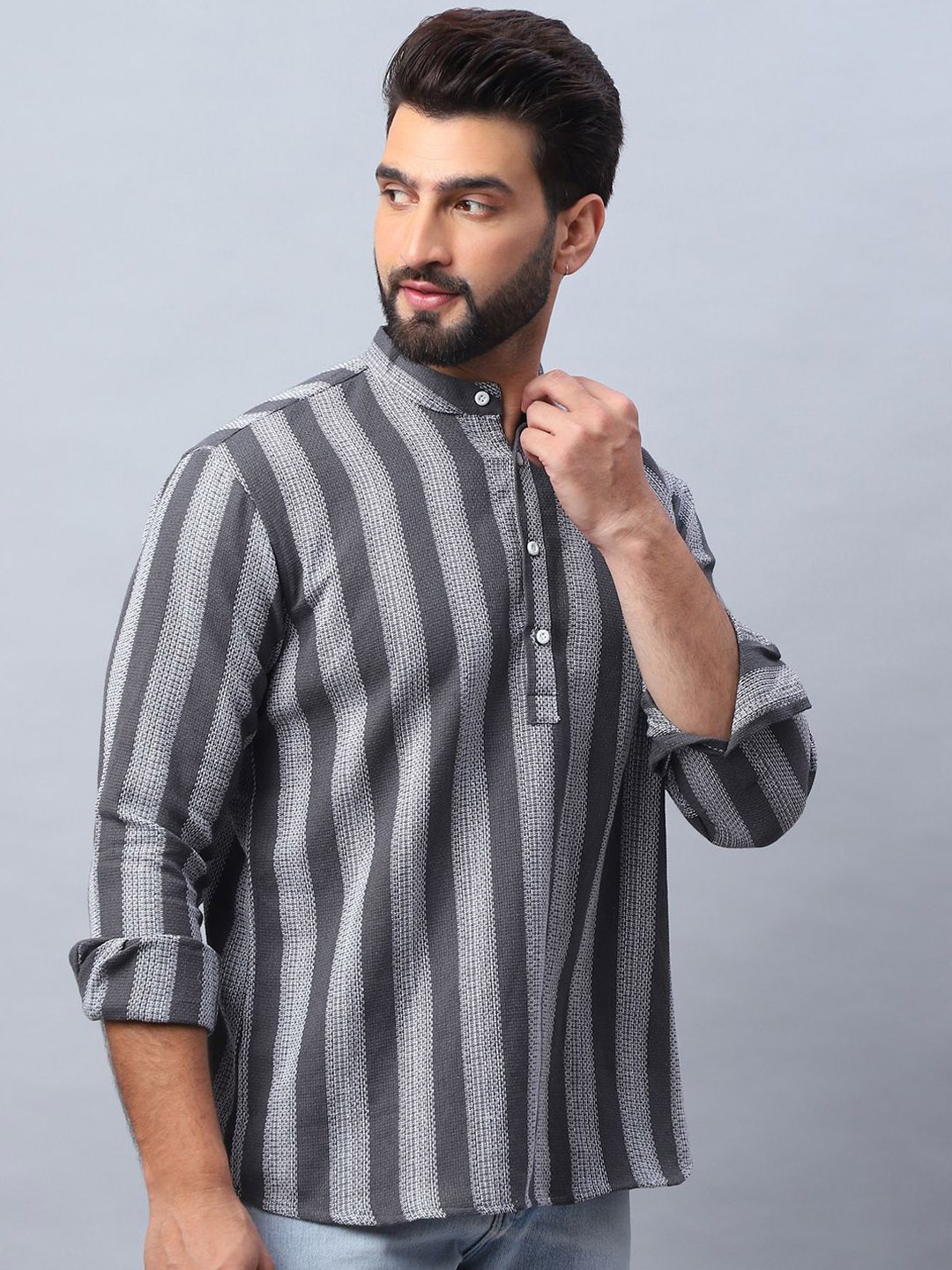 

Jompers Striped Mandarin Collar Pure Cotton Straight Kurta, Grey