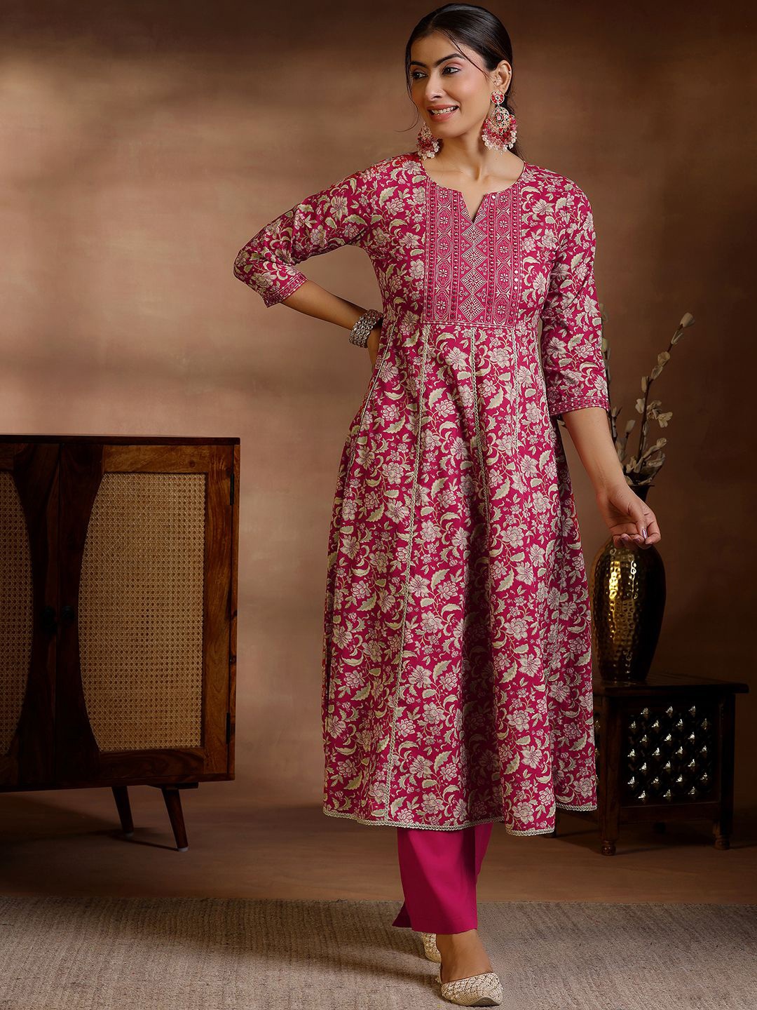 

Libas Floral Printed Panelled Mirror Work Pure Cotton Kurta with Trousers, Pink
