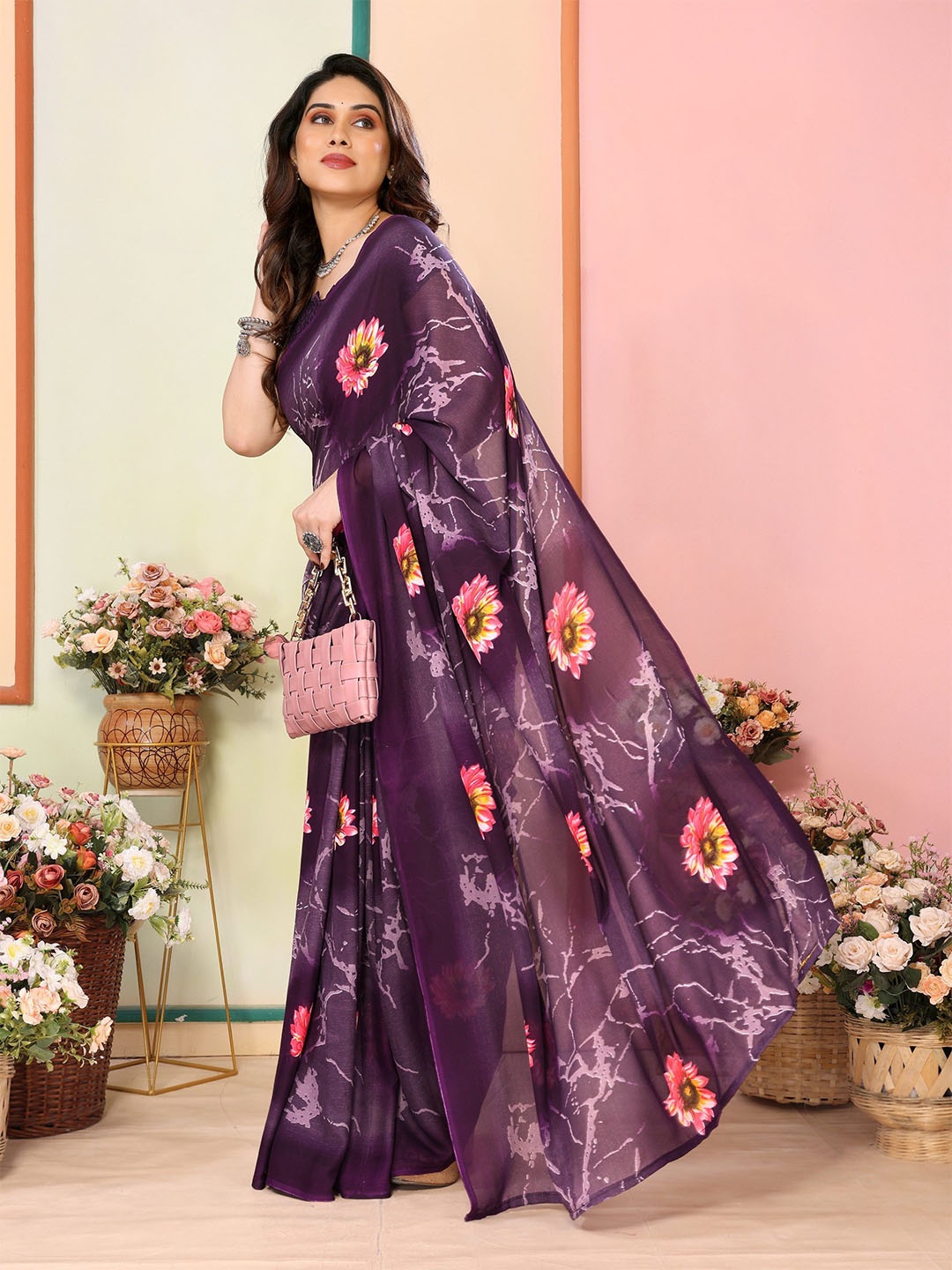 

The Textile Hub Printed Floral Poly Georgette Saree, Purple