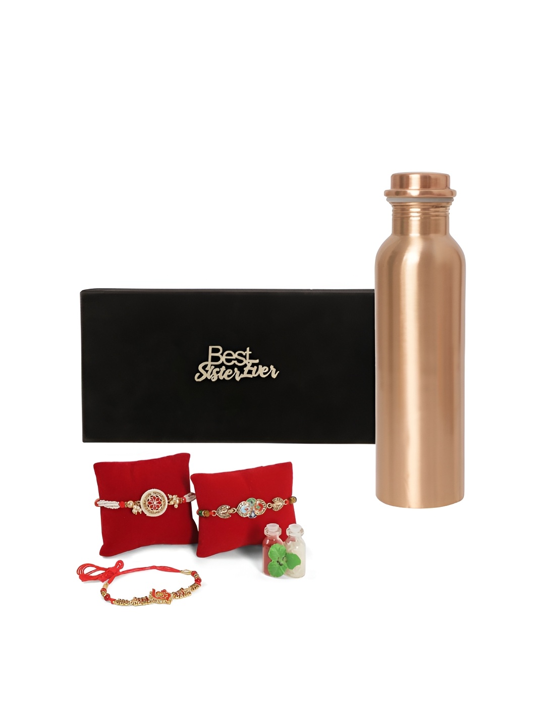 

INTERNATIONAL GIFT Set Of 3 Rakhis With Copper Water Bottle & Roli Chawal