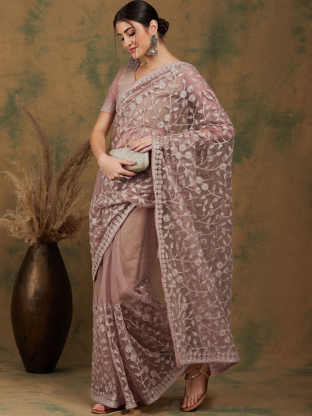 

SHADOW & SAINING Beads and Stones Net Saree, Beige
