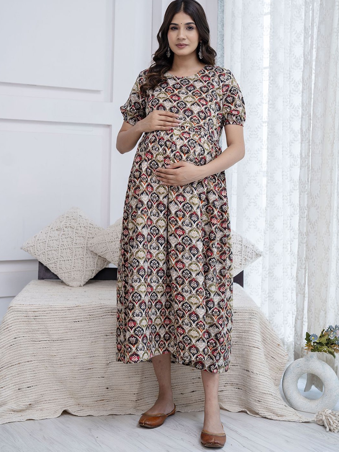 

Nayo Floral Printed Maternity A-Line Midi Dress, Green
