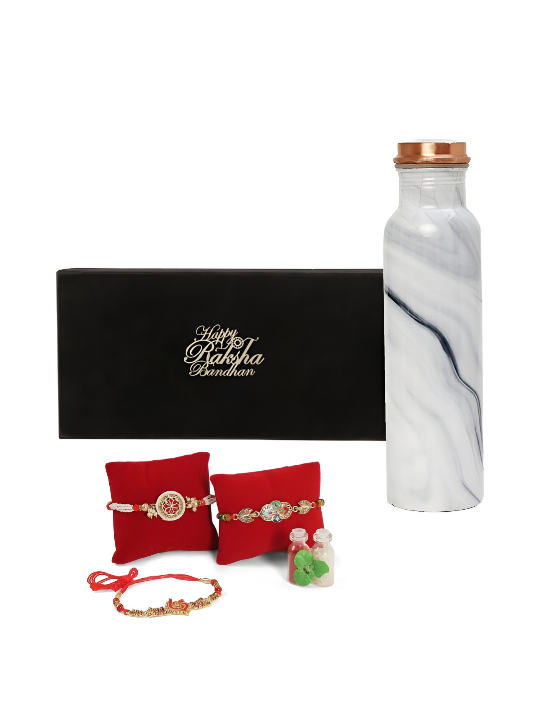 

INTERNATIONAL GIFT Set Of 3 Rakhis With Copper Water Bottle & Roli Chawal, White