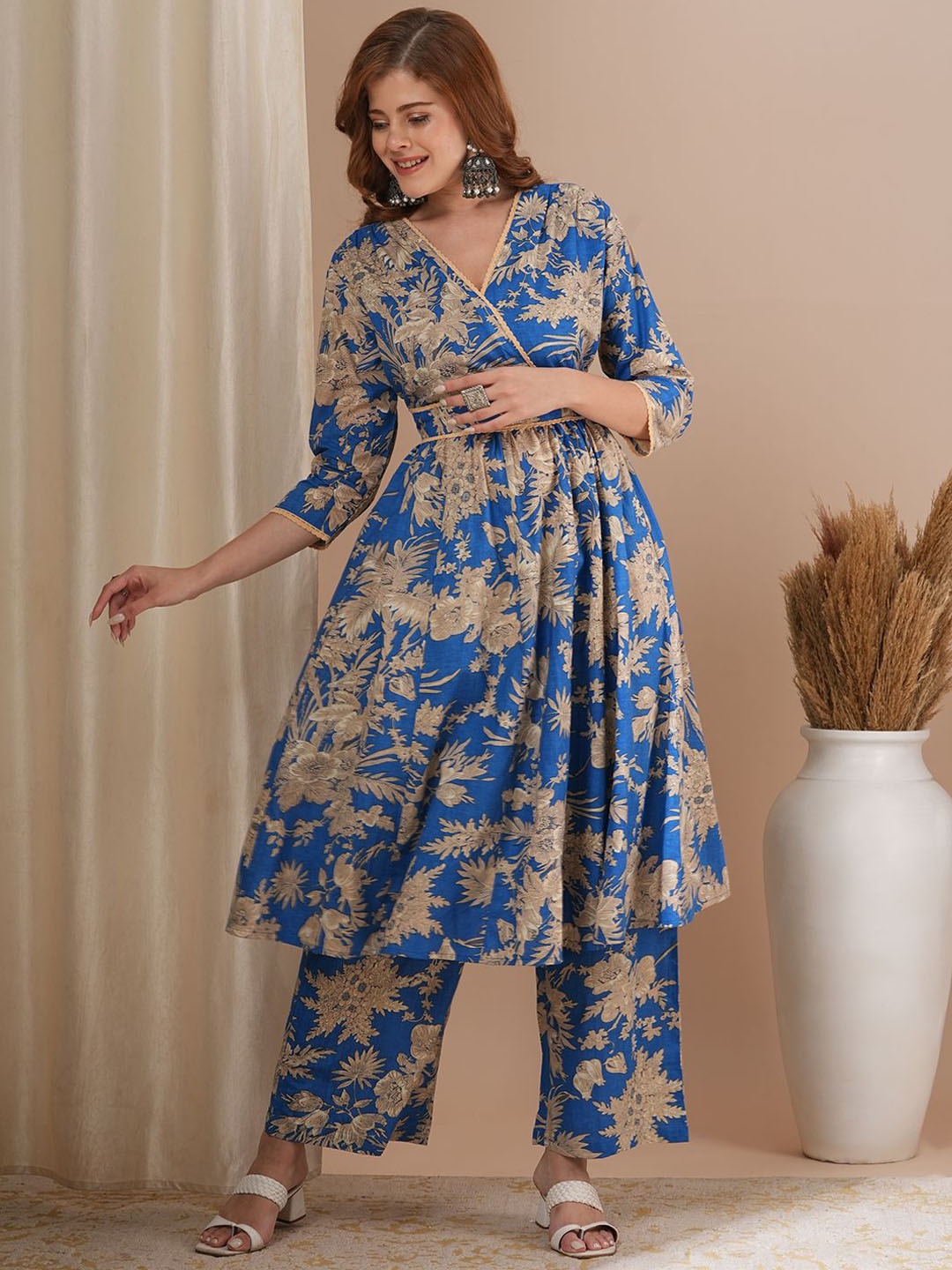 

FASHOR Printed Pure Cotton Three Quarter Sleeve Tunic & Trouser, Blue