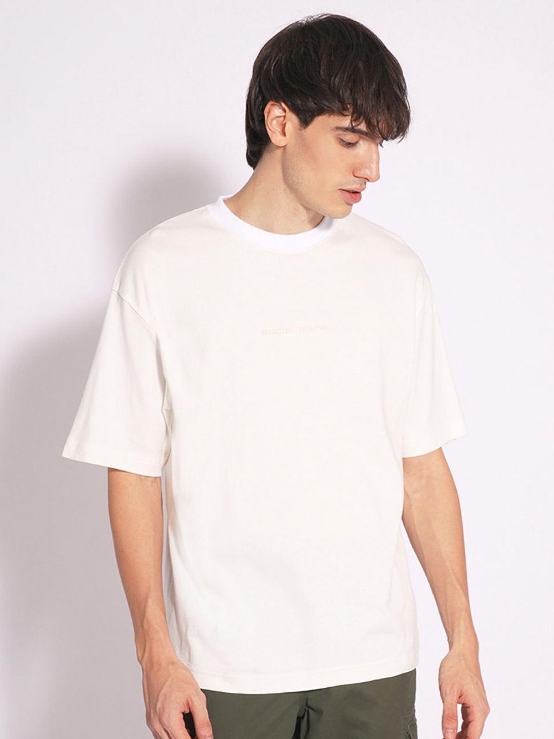 

SELECTED Men Solid Round Neck Cotton T-Shirt, White