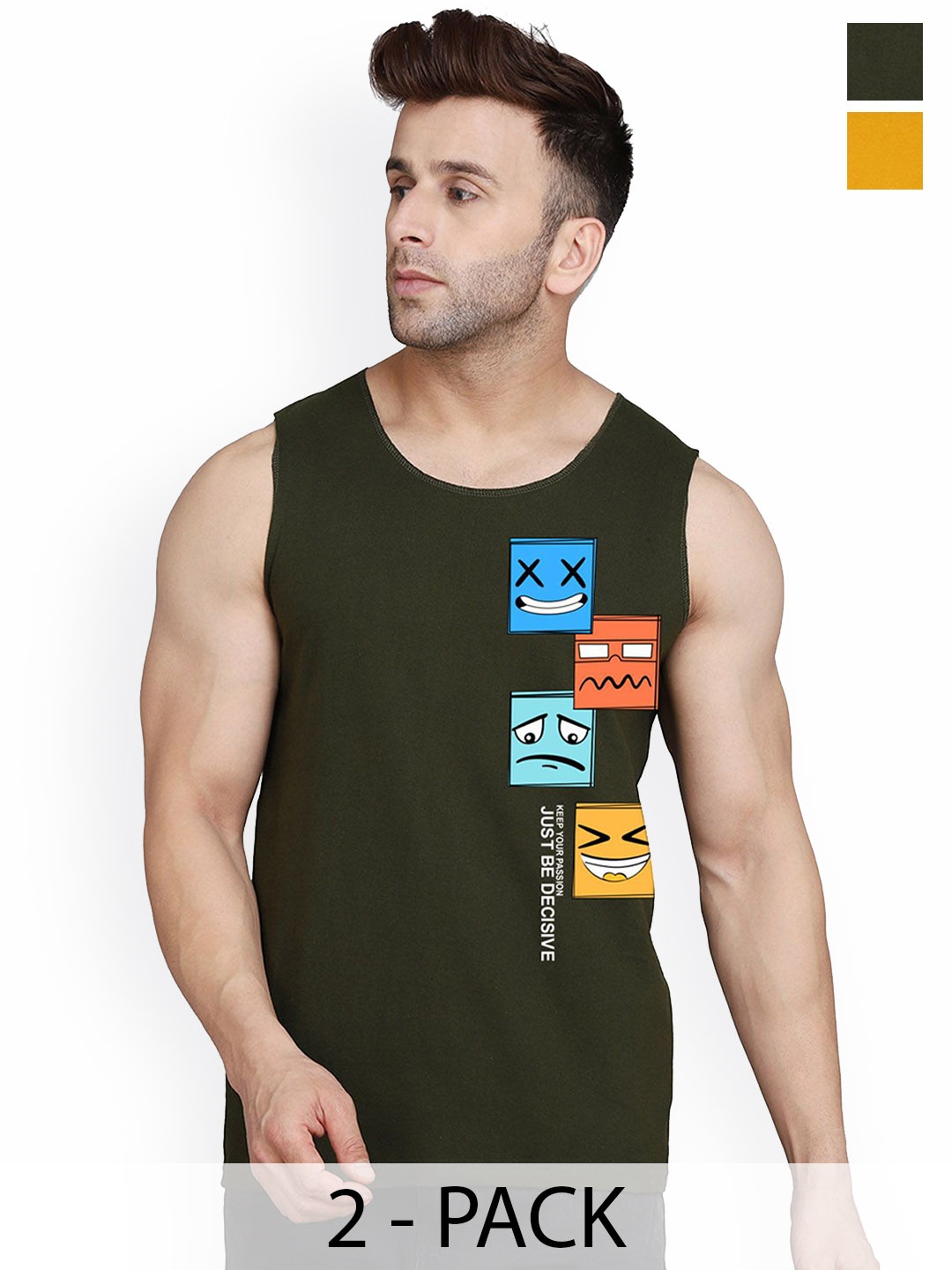 

SLOWLORIS Pack Of 2 Men Printed Innerwear Gym Vests, Mustard