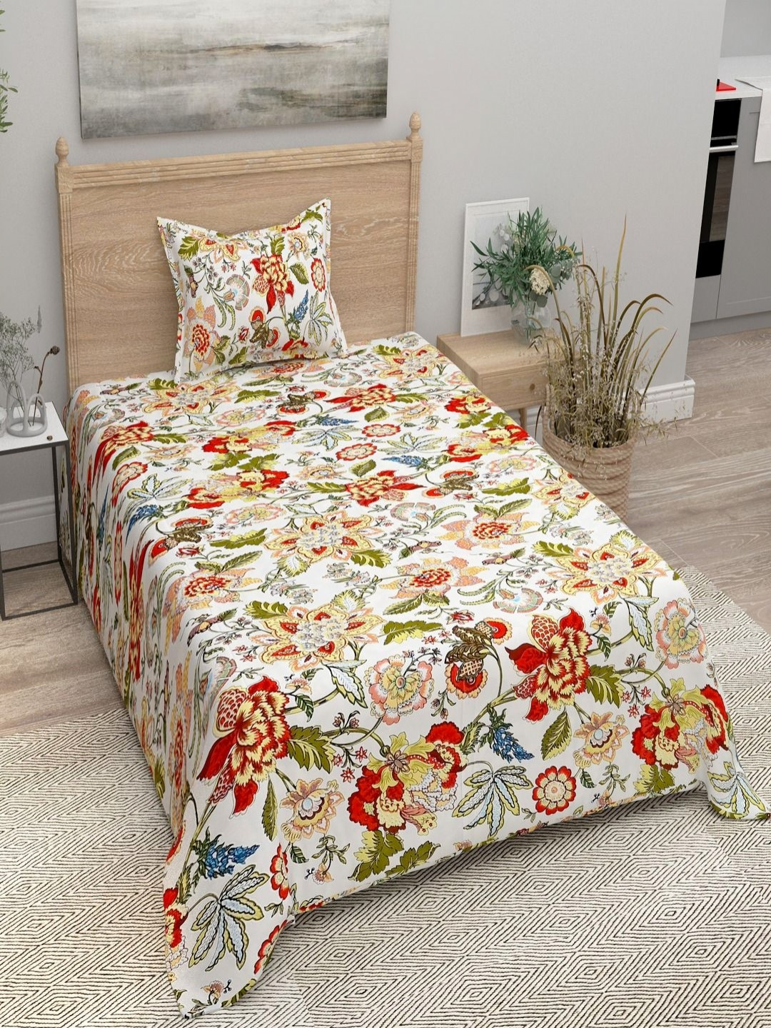

Bombay Spreads White & Red Floral 144 TC Pure Cotton Single Bedsheet with 1 Pillow Cover