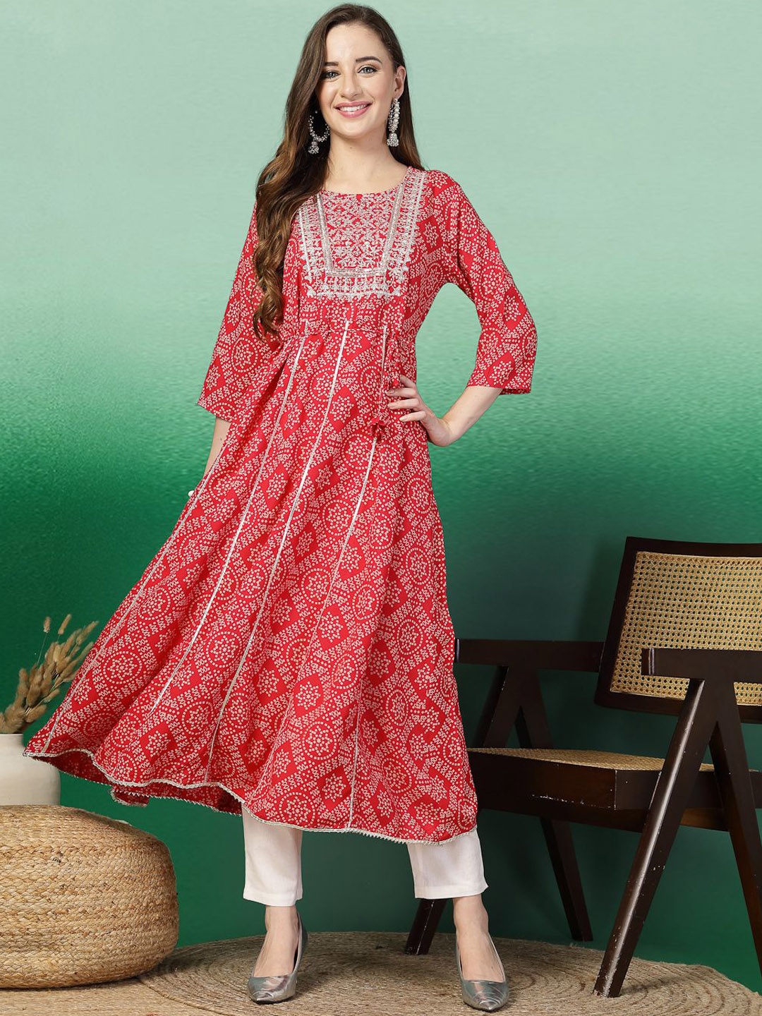 

Sangria Bandhani Printed Gotta Patti A-Line Kurta, Red