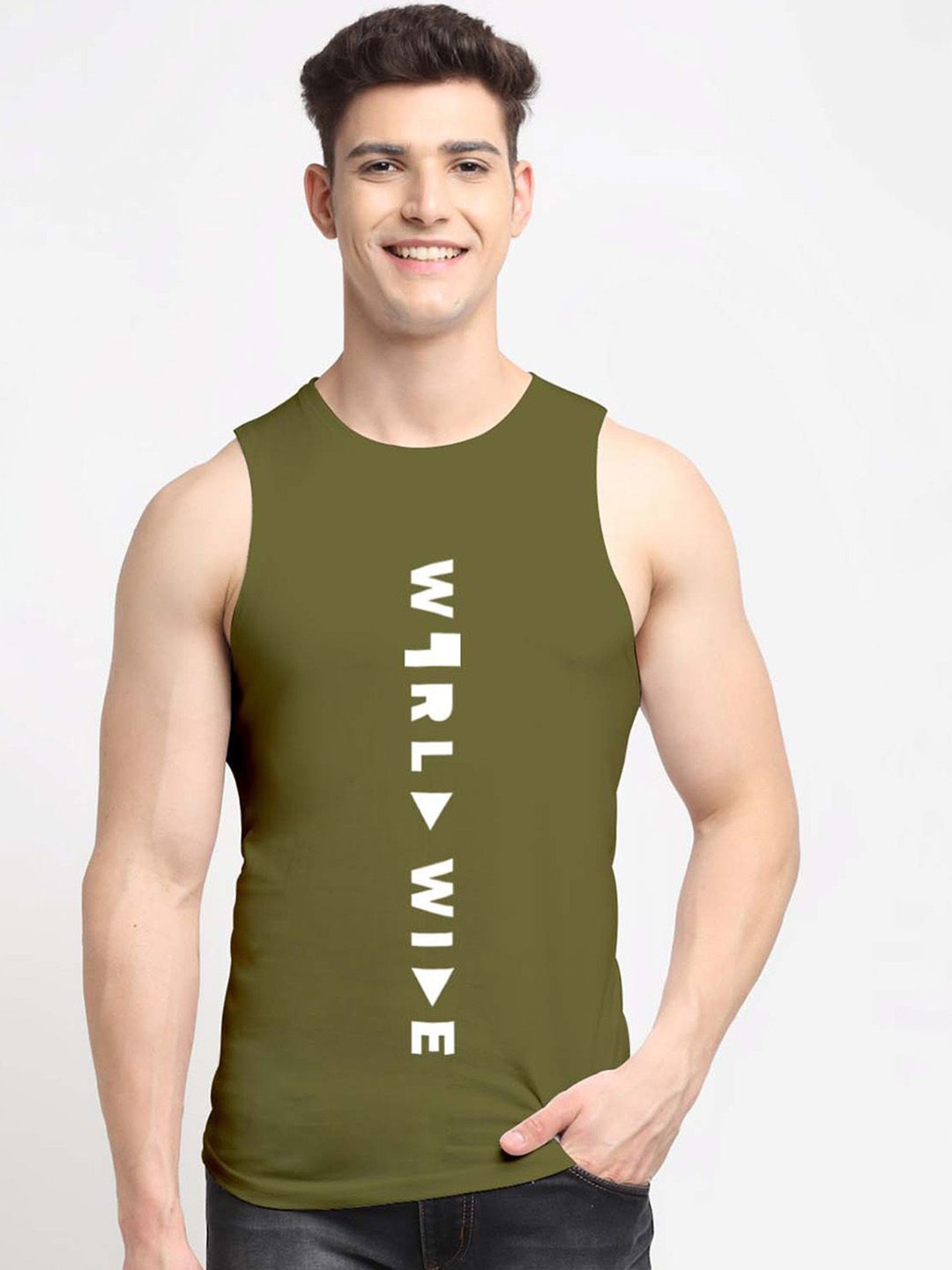 

Friskers Printed Pure Cotton Sleeveless Gym Vests AE467-34, Olive