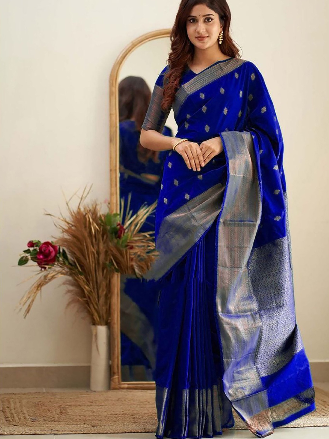 

Anjaneya Sarees Woven Design Zari Silk Blend Banarasi Saree, Blue