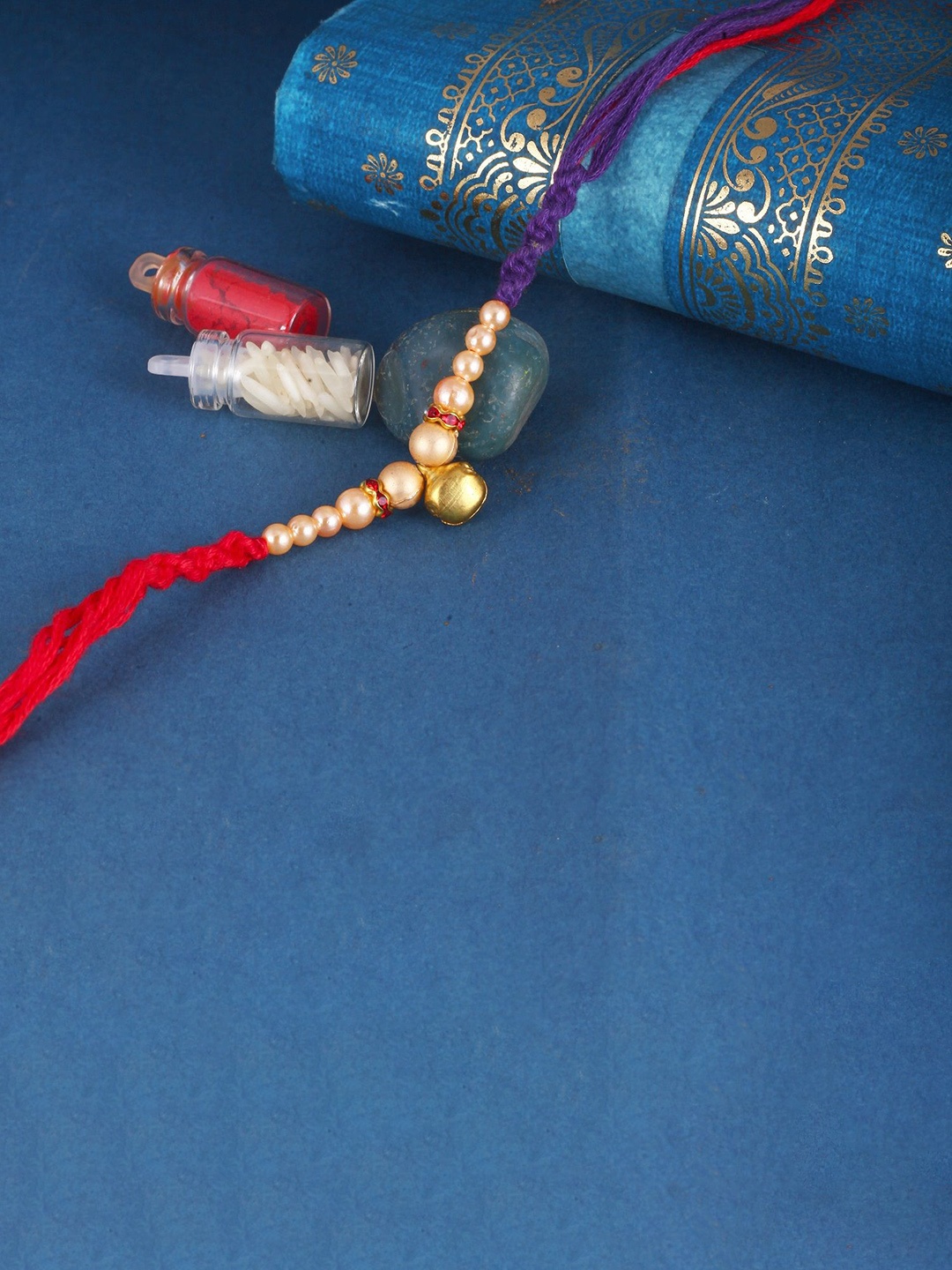 

Vighnaharta Set of 4 Religious Stones Studded & Pearls Thread Rakhis, Red