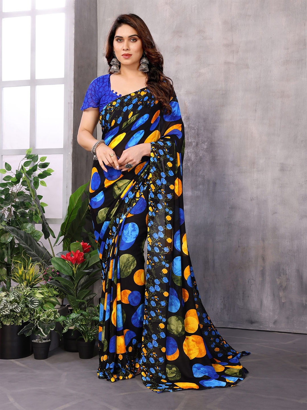 

The Textile Hub Polka Dot Poly Georgette Saree, Black
