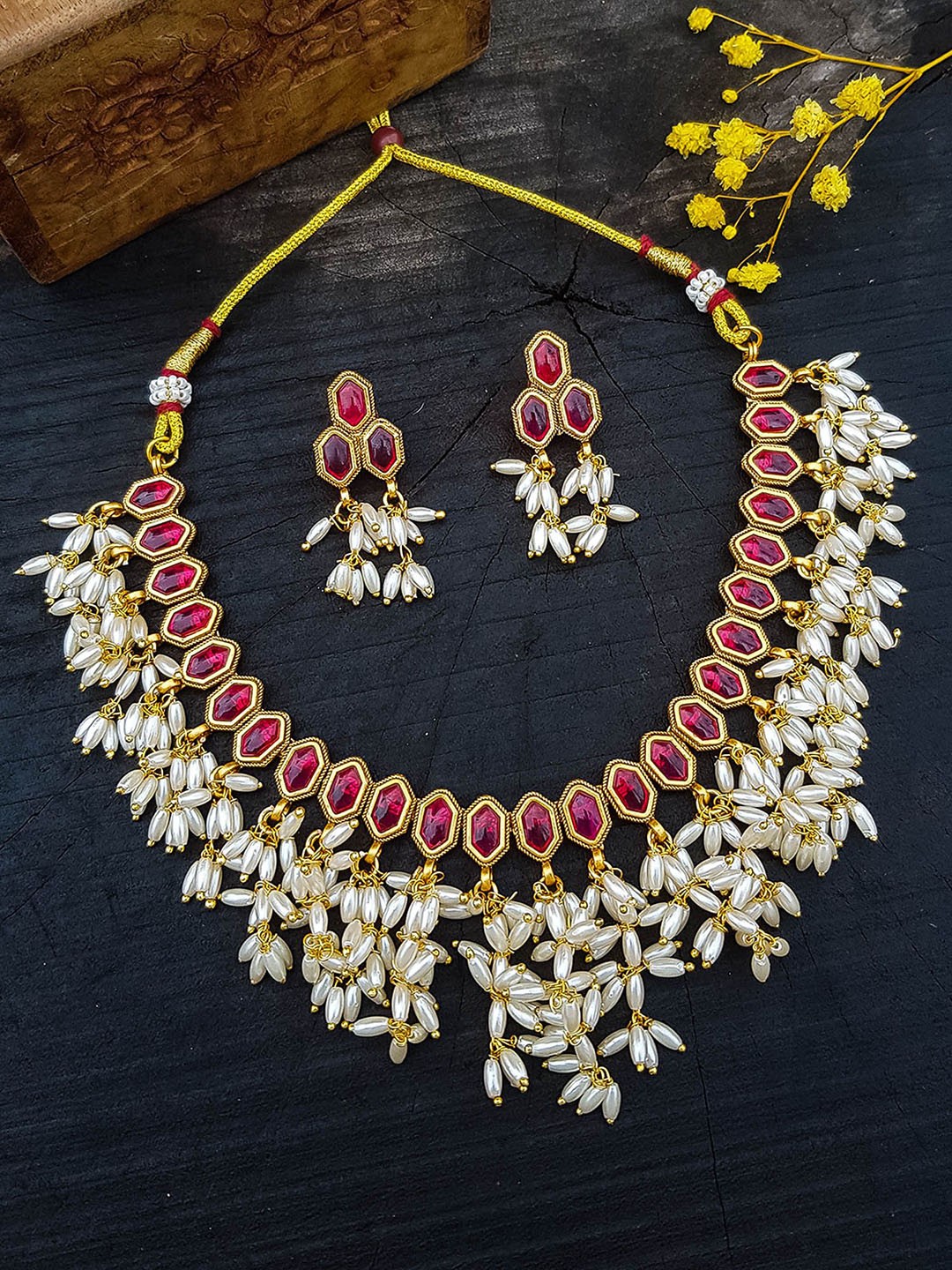 

GRIIHAM Gold-Plated Cubic Zirconia Studded & Pearl-Beaded Jewellery Set