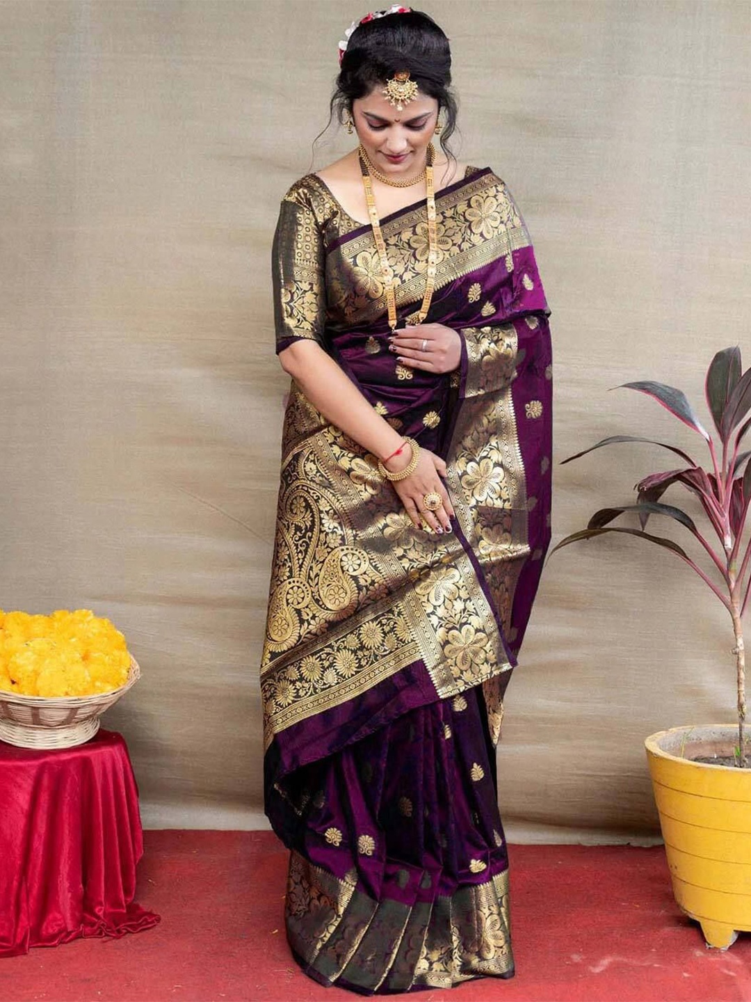 

LADY SHOPI Woven Design Zari Pure Silk Saree, Purple