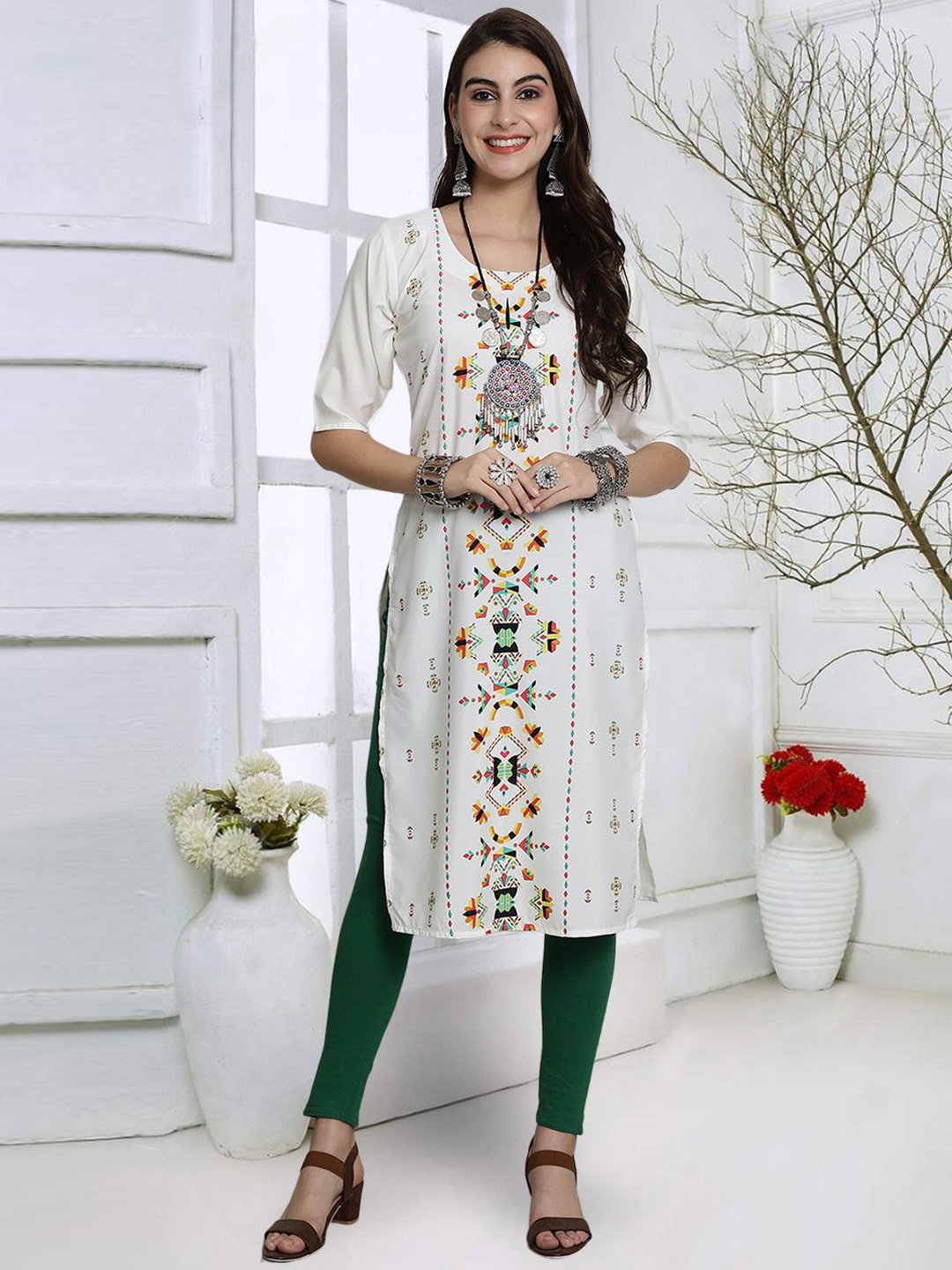 

7Threads Ethnic Motifs Printed Round Neck Crepe Straight Kurta, White