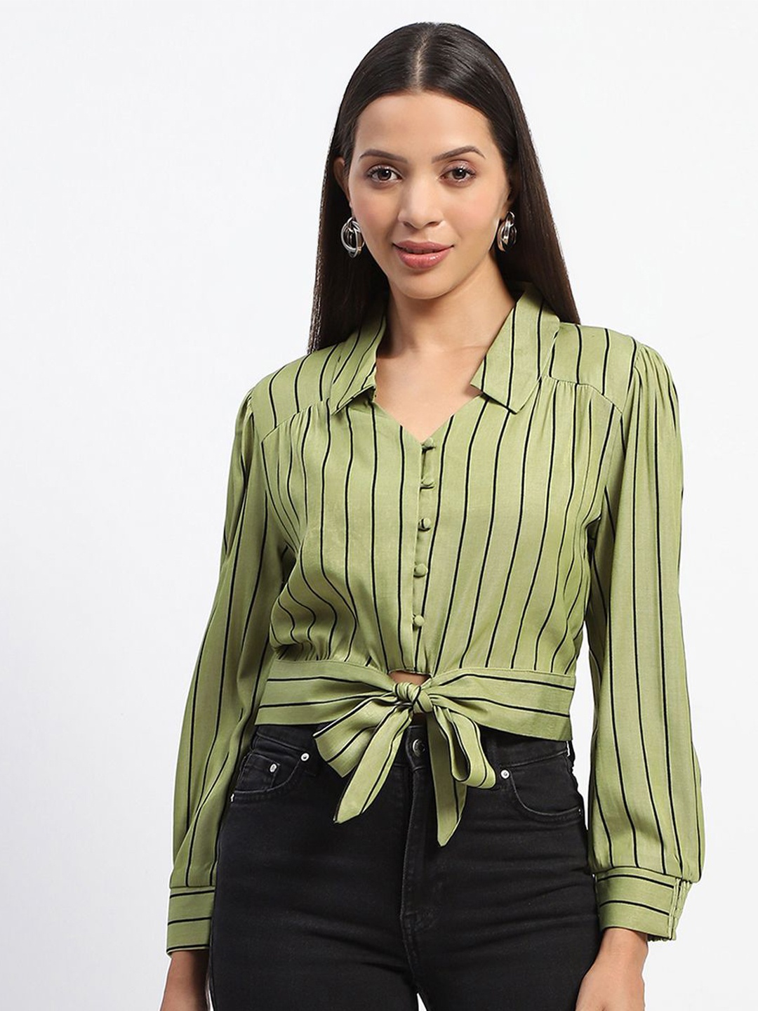 

Madame Women Spread Collar Striped Casual Shirt, Green