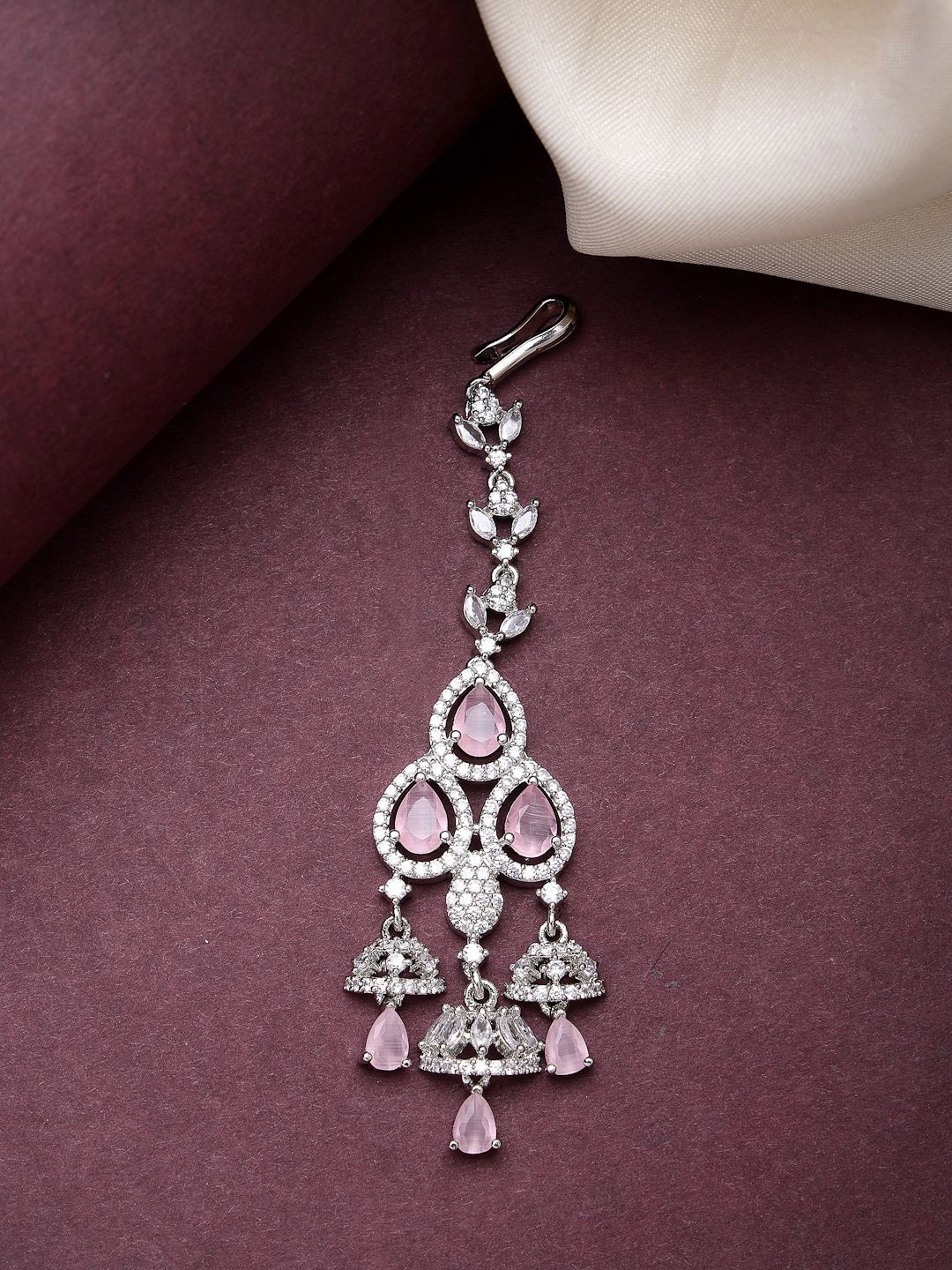 

ZENEME Silver-Plated American Diamond Studded Maang Tikka Head Jewellery