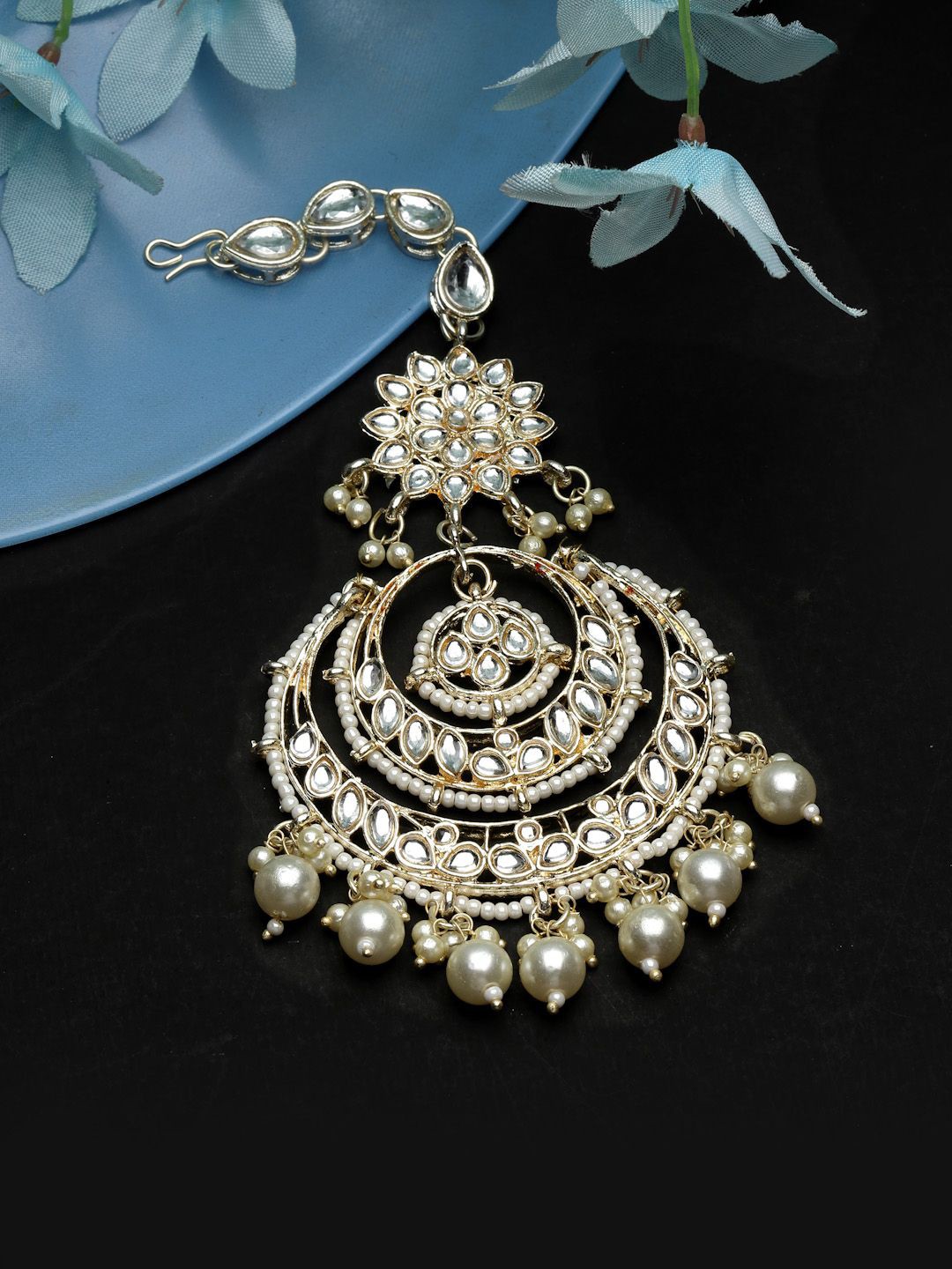 

ZENEME 18K Gold-Plated Kundan Studded & Studded Maang Tikka Head Jewellery