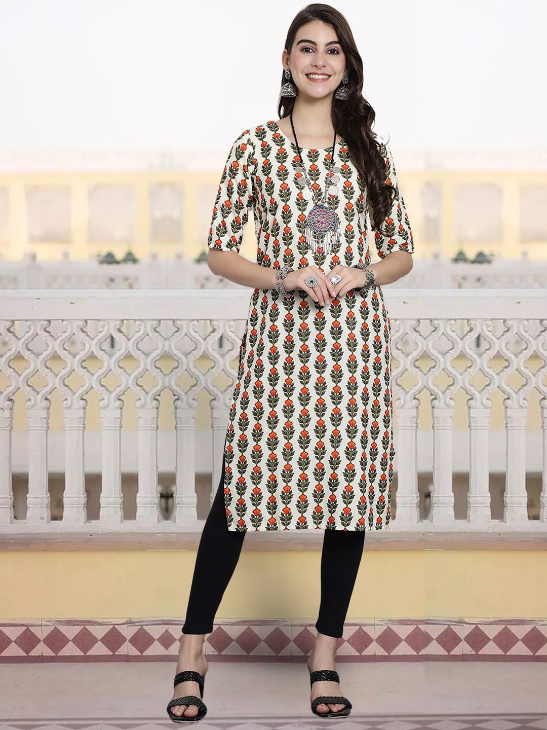 

KALINI Floral Printed Round Neck Straight Kurta, White