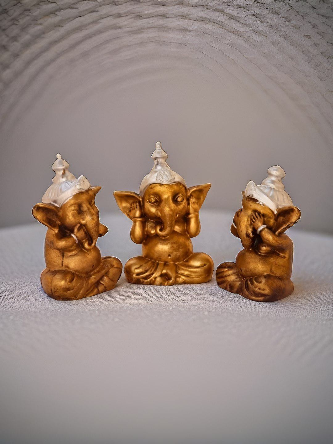 

BECKON VENTURE Gold-Toned 3 Pieces Lord Ganesha Religious Idol Showpieces
