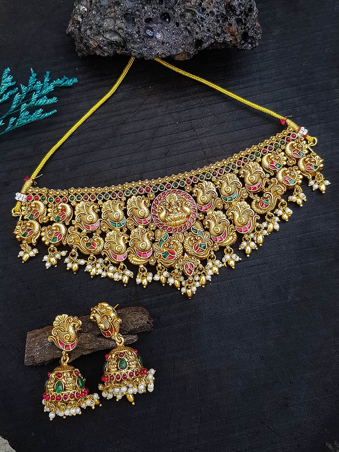 

GRIIHAM Gold Plated Cubic Zirconia Stone Studded Temple Jewellery Set