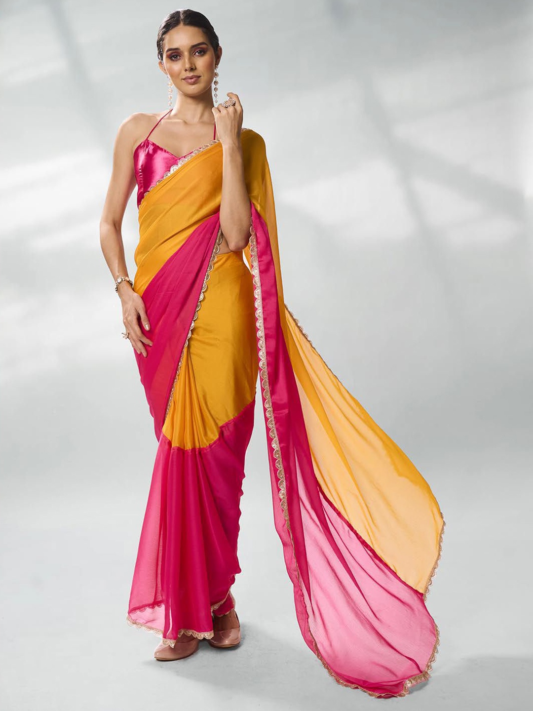 

Mitera Colourblocked Mirror Work Pure Chiffon Ready to Wear Saree, Pink