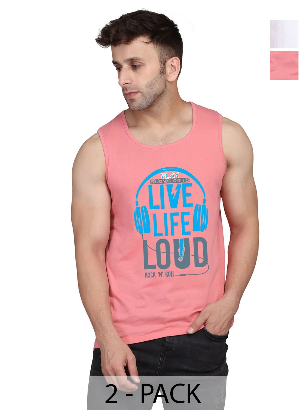 

SLOWLORIS Men Pack Of 2 Typography Printed Round Neck Cotton Slim Fit T-Shirt, Peach