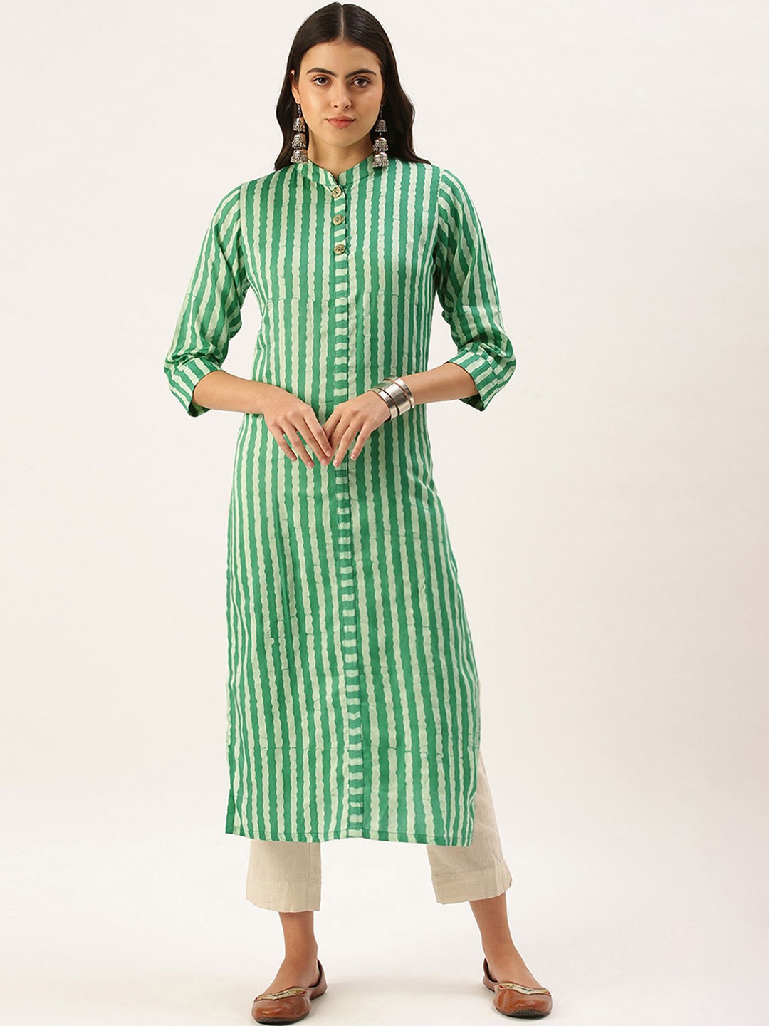 

KALINI Striped Mandarin Collar Straight Kurta, Green