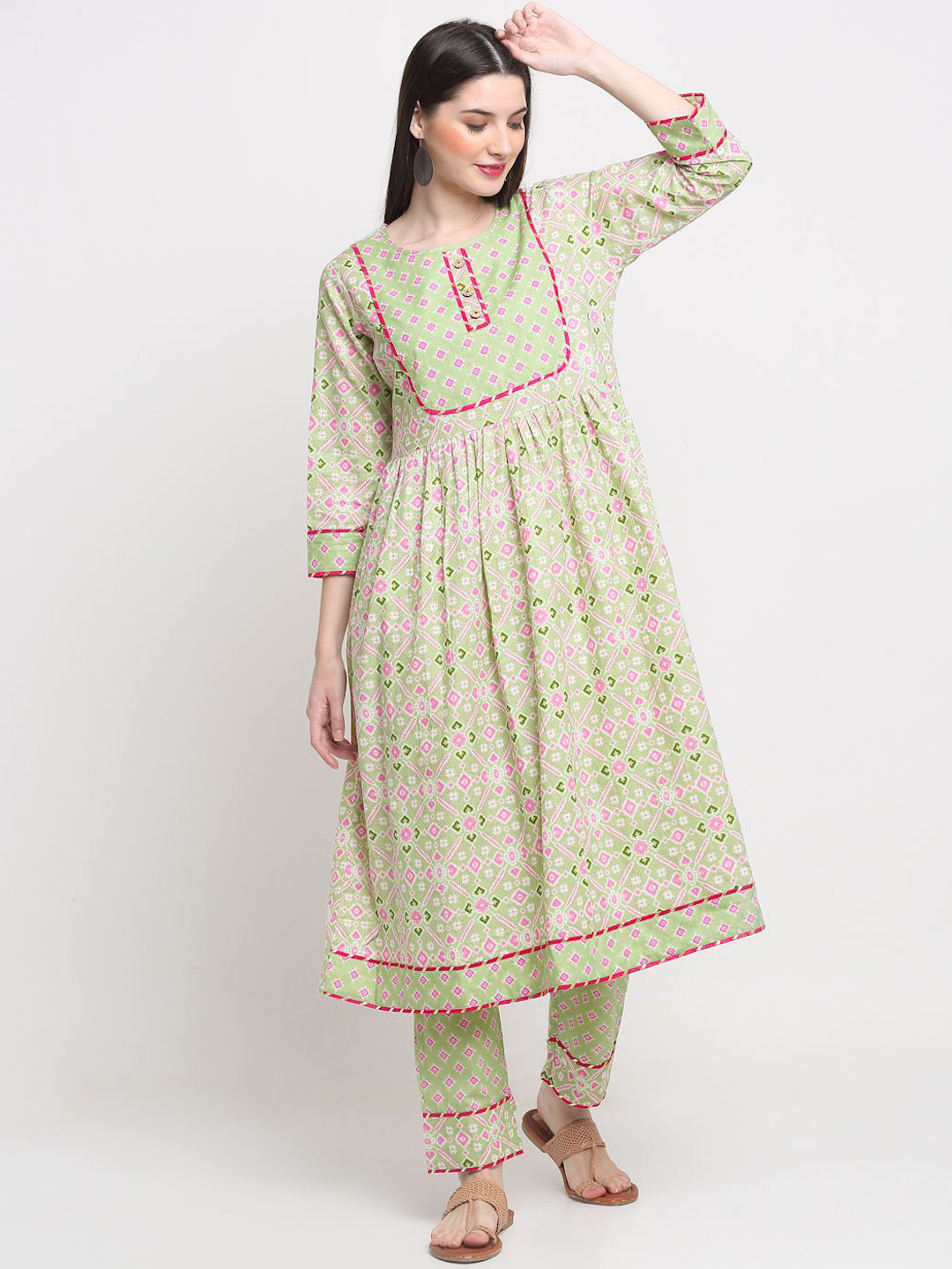 

KALINI Geometric Printed Gotta Patti Cotton Anarkali Kurta With Dupatta, Fluorescent green
