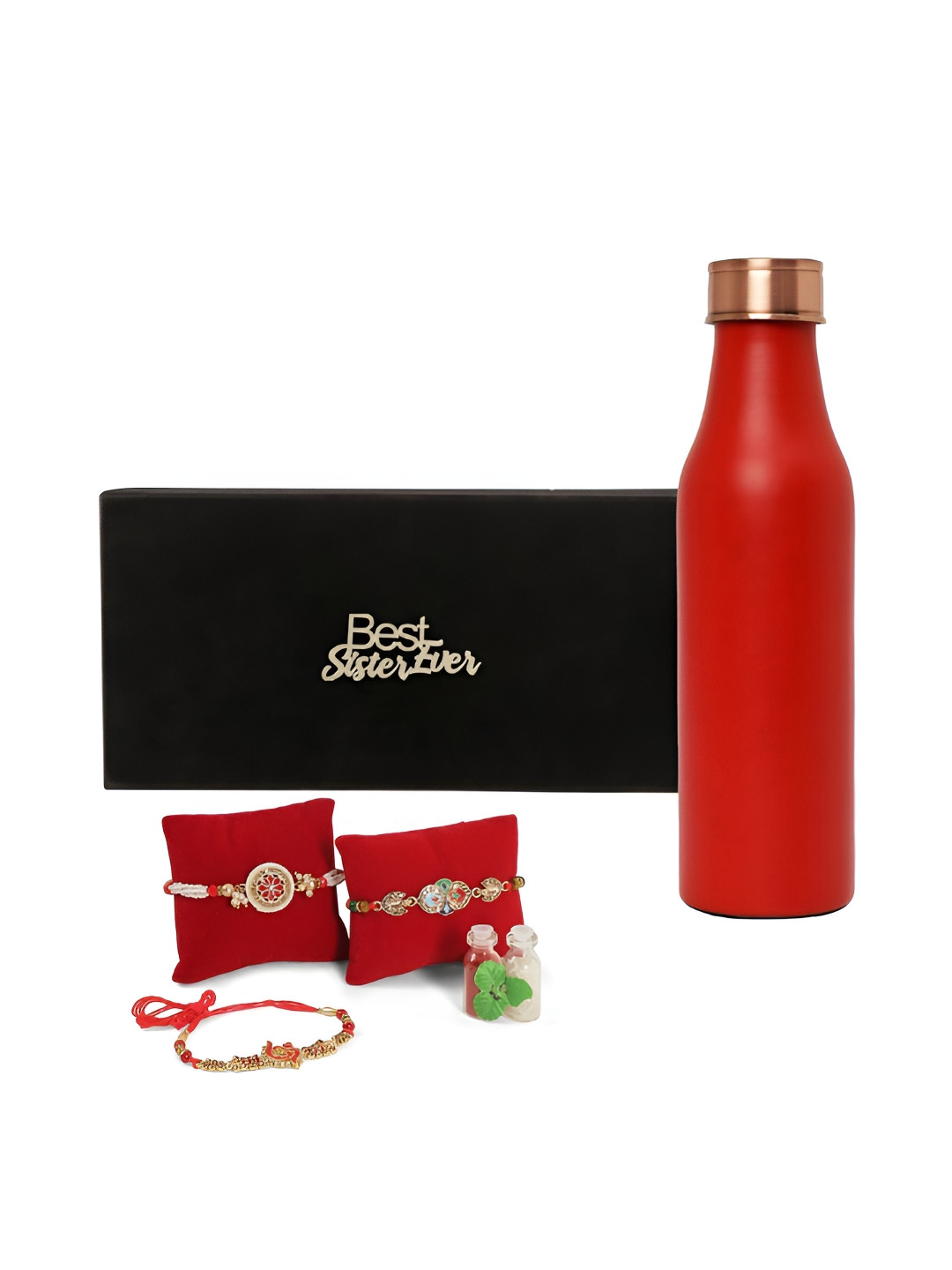 

INTERNATIONAL GIFT Set Of 4 Beaded Rakhis With Water Bottle & Roli Chawal, Red