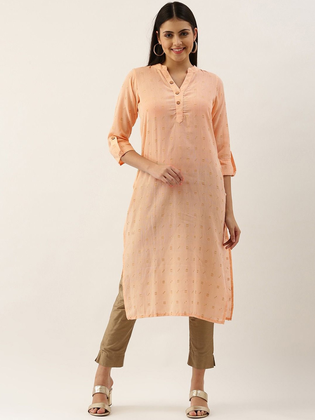 

KALINI Geometric Woven Design Mandarin Collar Cotton Straight Kurta, Peach