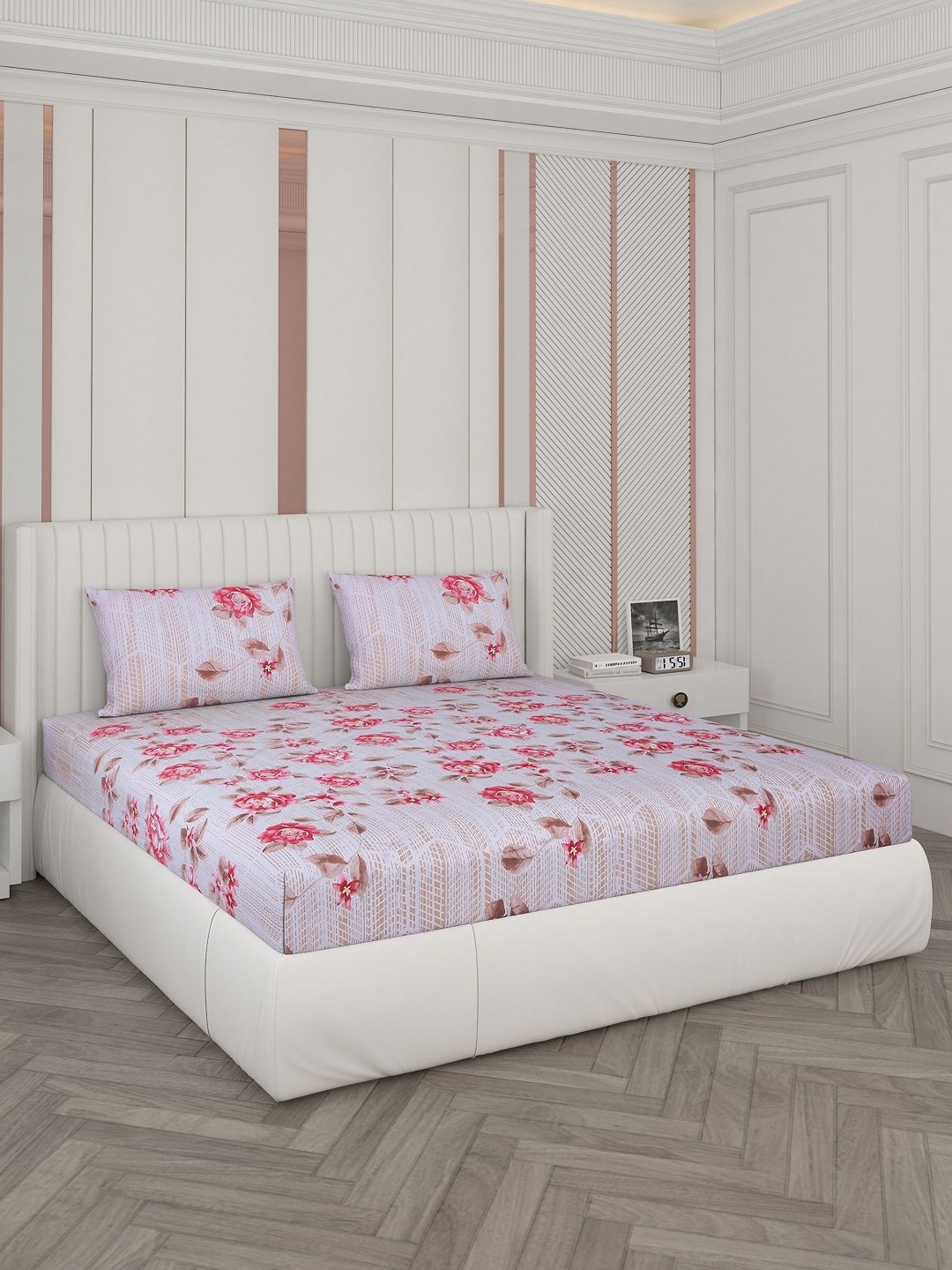 

Monte Carlo White & Pink Floral 104 TC Cotton Queen Bedsheet with 2 Pillow Covers