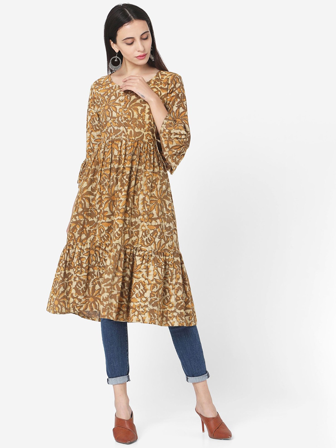 

KALINI Floral Printed Bell Sleeves Tiered Cotton Anarkali Kurta, Brown