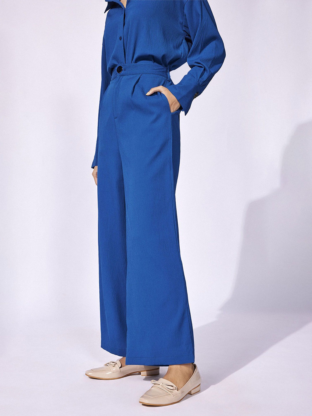 

The Label Life Women Flared High-Rise Pleated Trousers, Blue