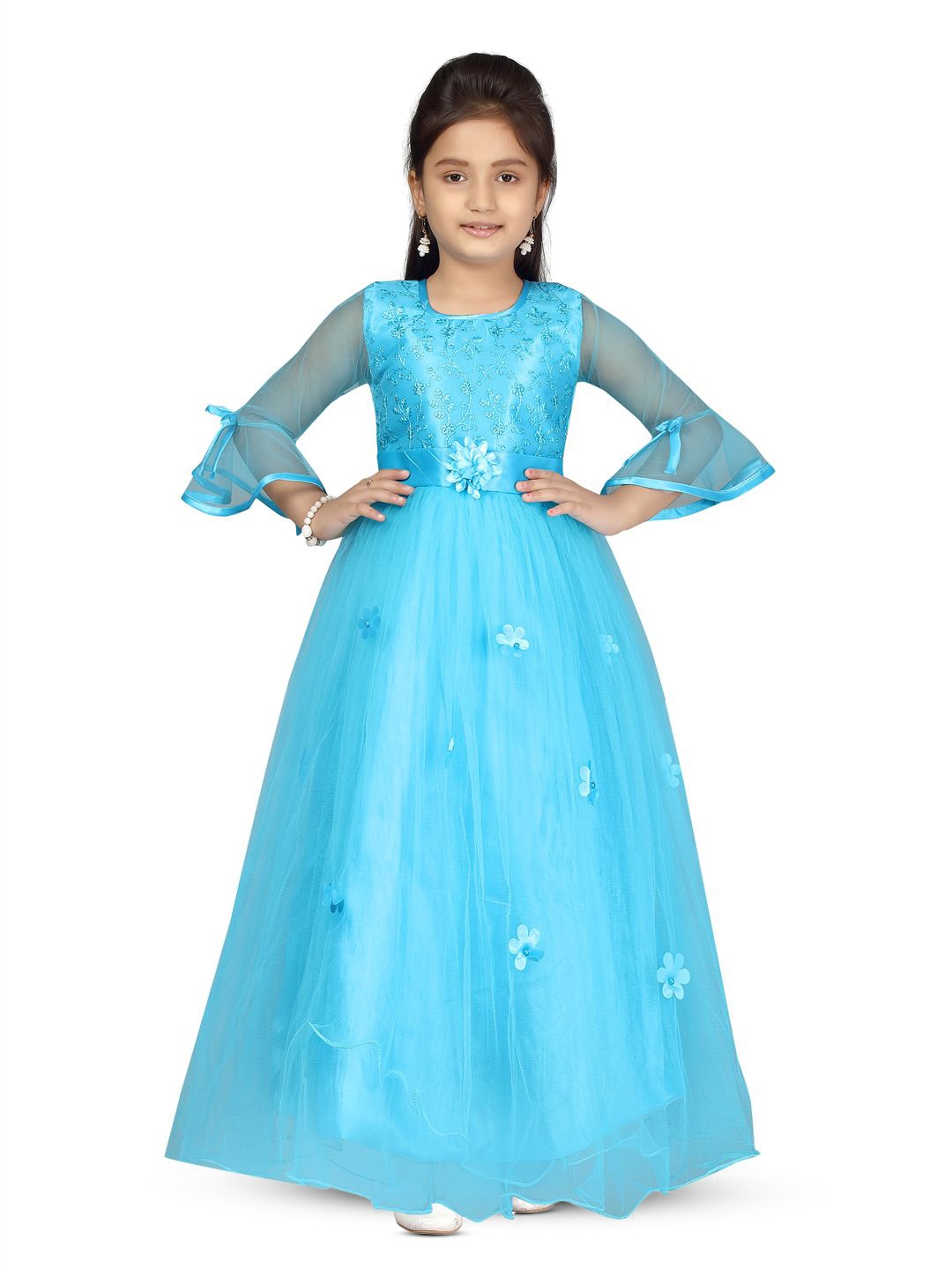 

BAESD Girls Floral Embroidered Bell Sleeve Gown Maxi Dress, Turquoise blue