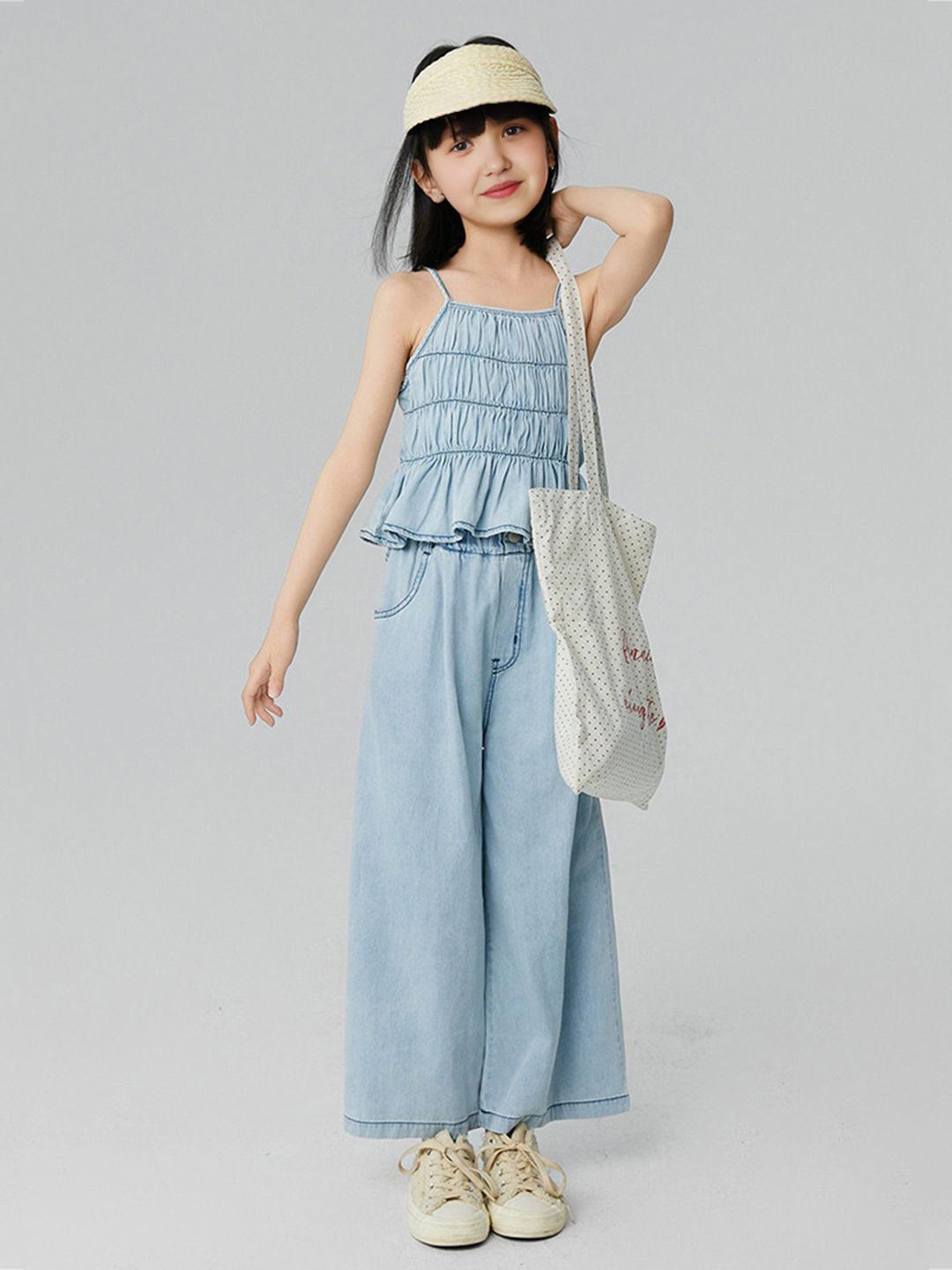 

INCLUD Girls Smoked Peplum Denim Top with Trousers, Blue