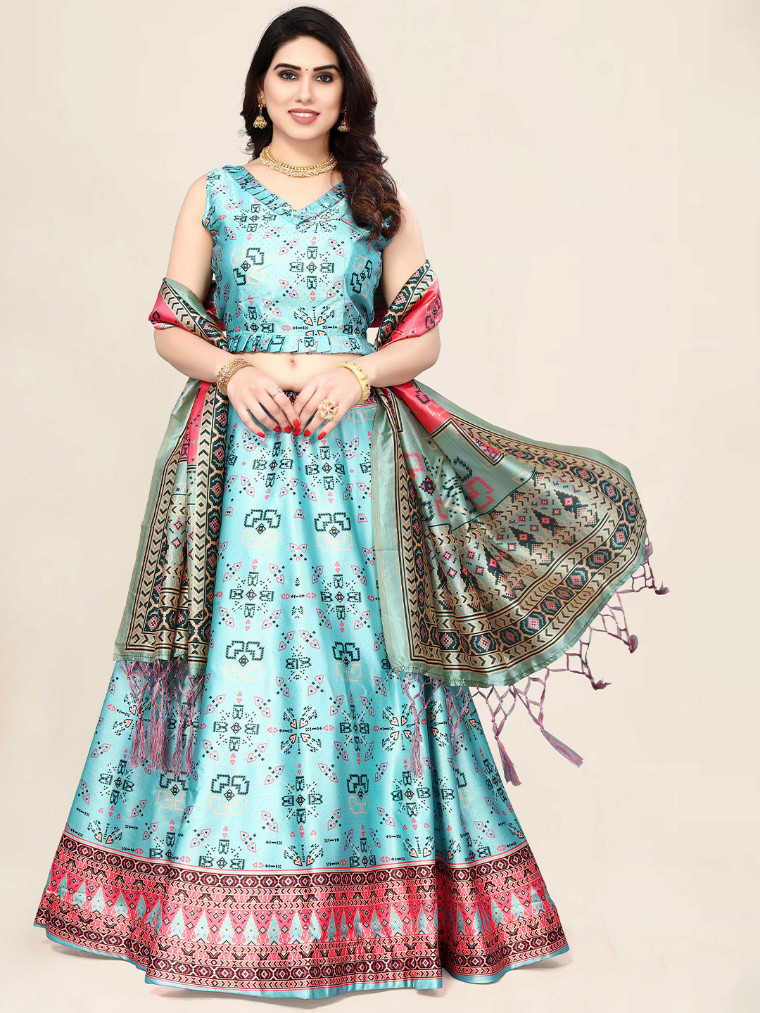 

Kaizen TEXO FAB Printed Semi-Stitched Lehenga & Unstitched Blouse With Dupatta, Sea green