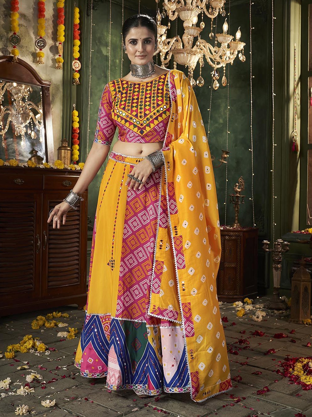 

SHUBHKALA Embroidered Mirror Work Ready to Wear Lehenga & Blouse With Dupatta, Yellow