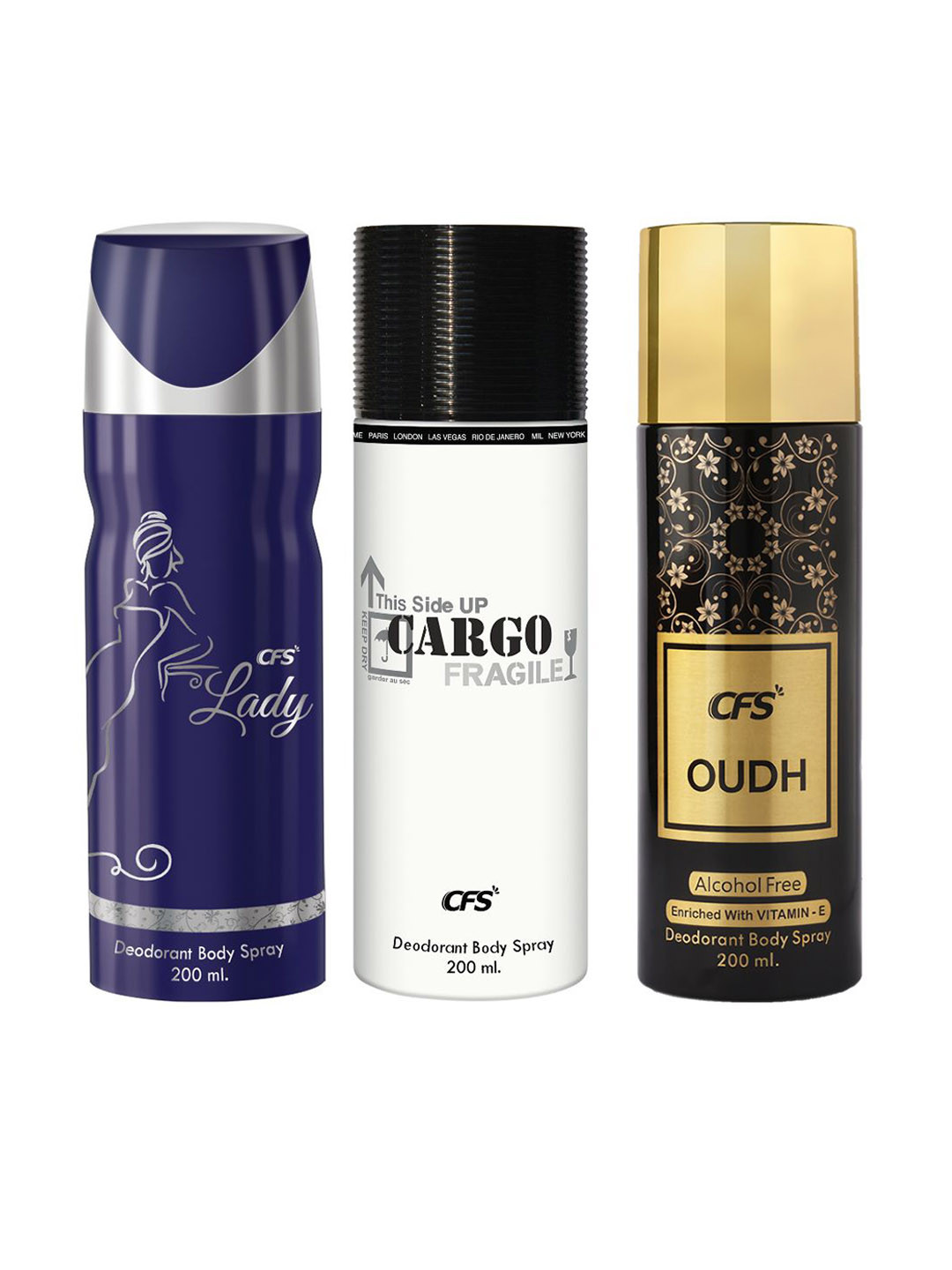 

CFS Set Of 3 Cargo Fragile, Lady & Oudh Long Lasting Deodorant Body Spray - 200ml Each, White