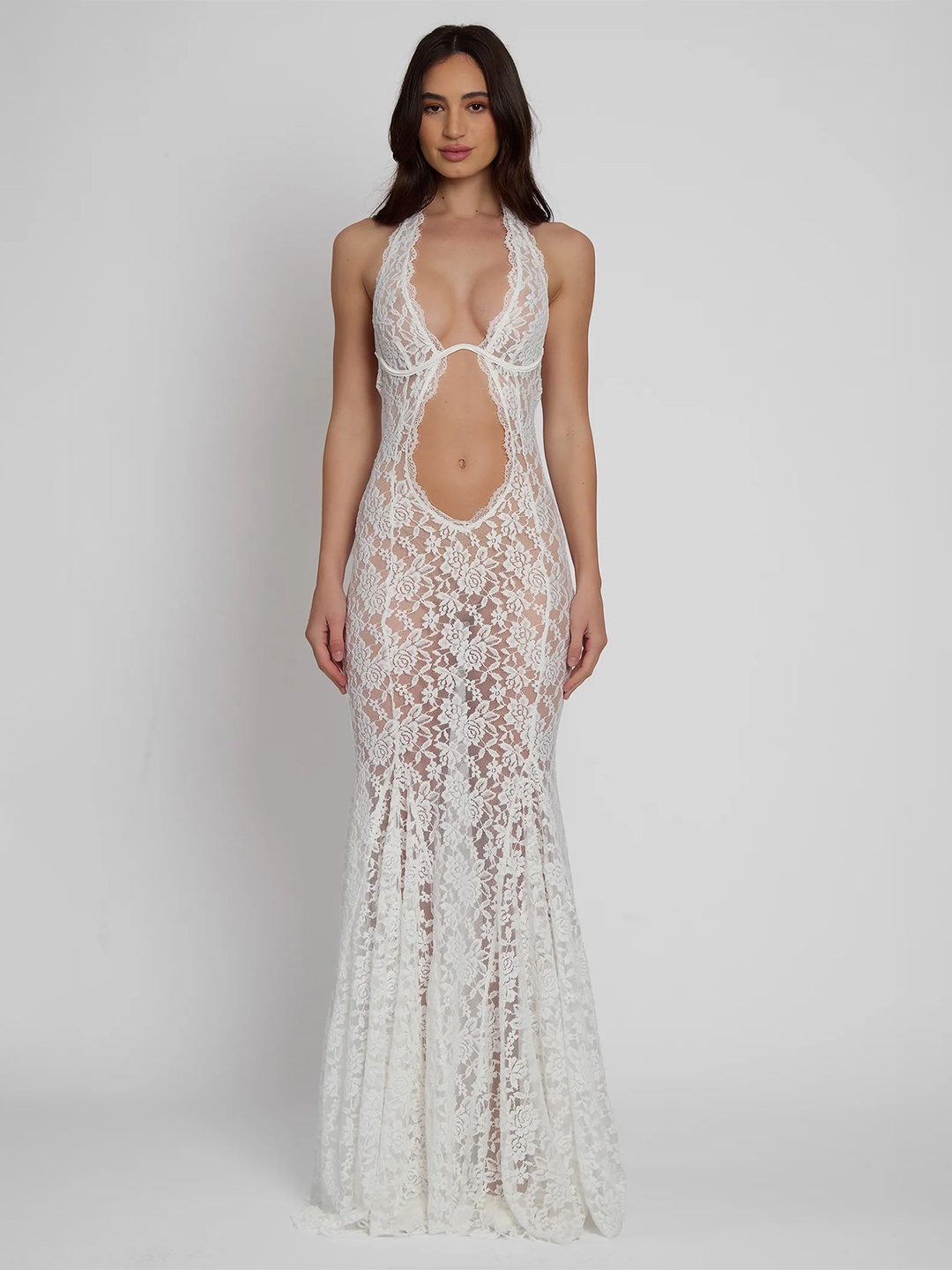 

LULU & SKY Sheer Halter Neck Halter Plunge Lace Maxi Dress, White