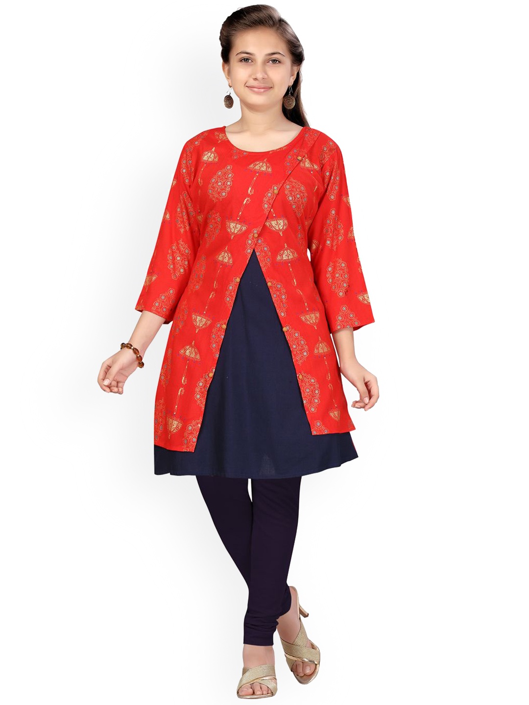 

BAESD Girls Ethnic Motifs Printed Cotton A-Line Kurta, Red