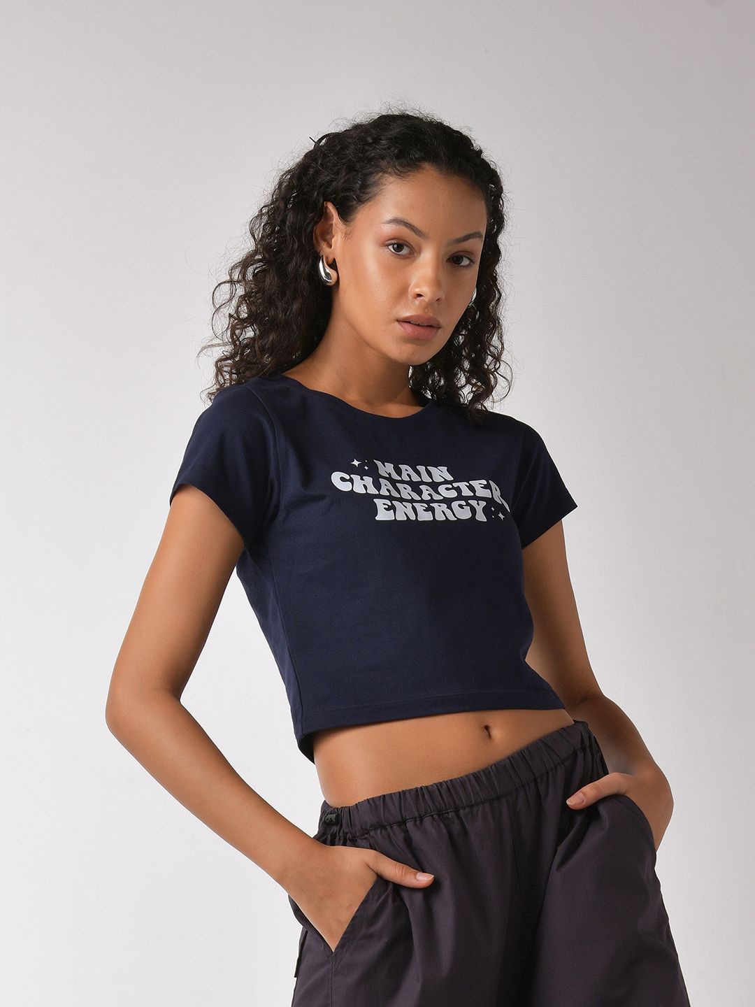 

IZF Main Character Graphic Printed Crop T-Shirt, Navy blue
