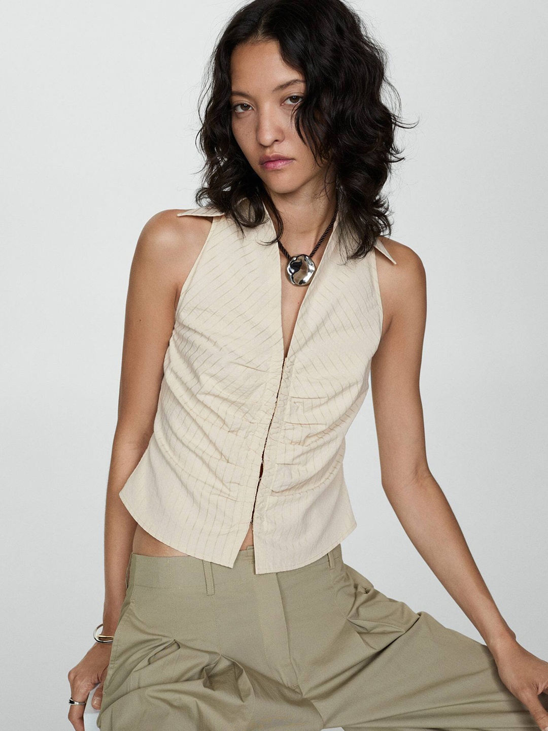 

MANGO Women Striped Casual Top, Beige