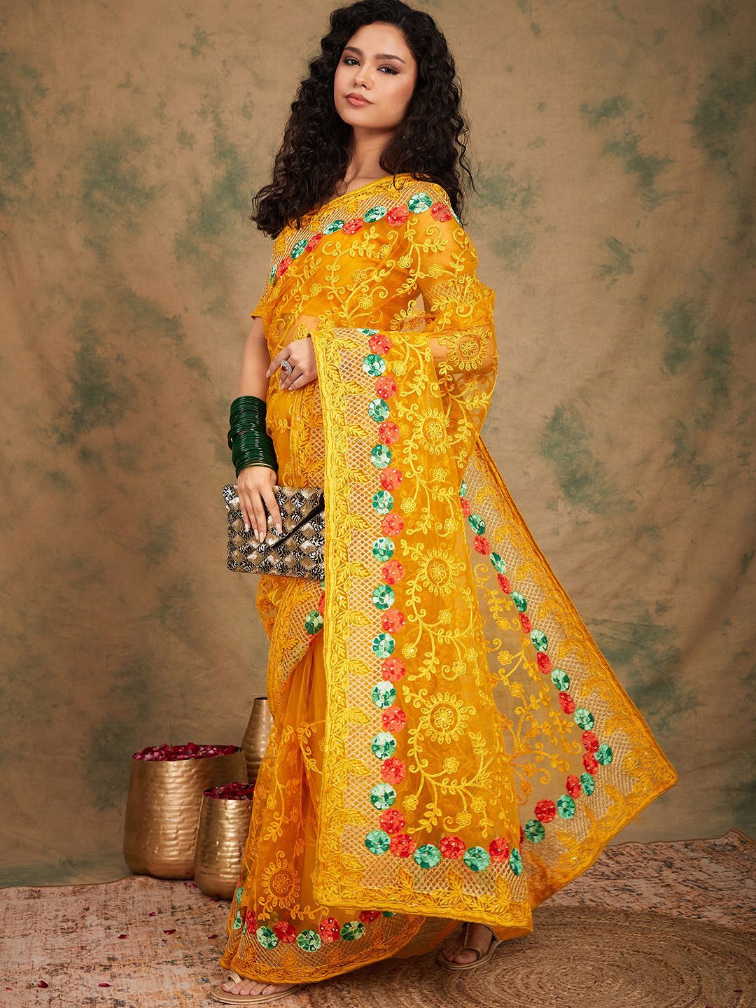 

SHADOW & SAINING Embellished Embroidered Floral Saree, Yellow