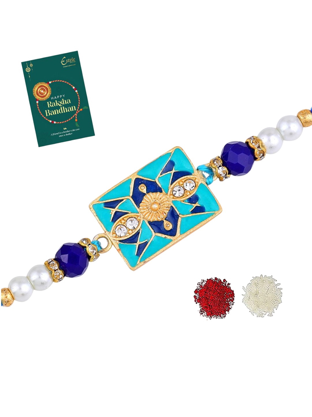 

Estele Stones Studded & Beaded Thread Rakhi, Gold