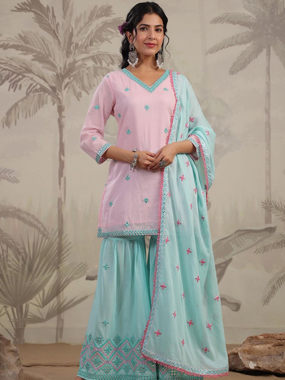 

Kaftanize Floral Embroidered Pure Cotton Kurta with Trousers & Dupatta, Pink