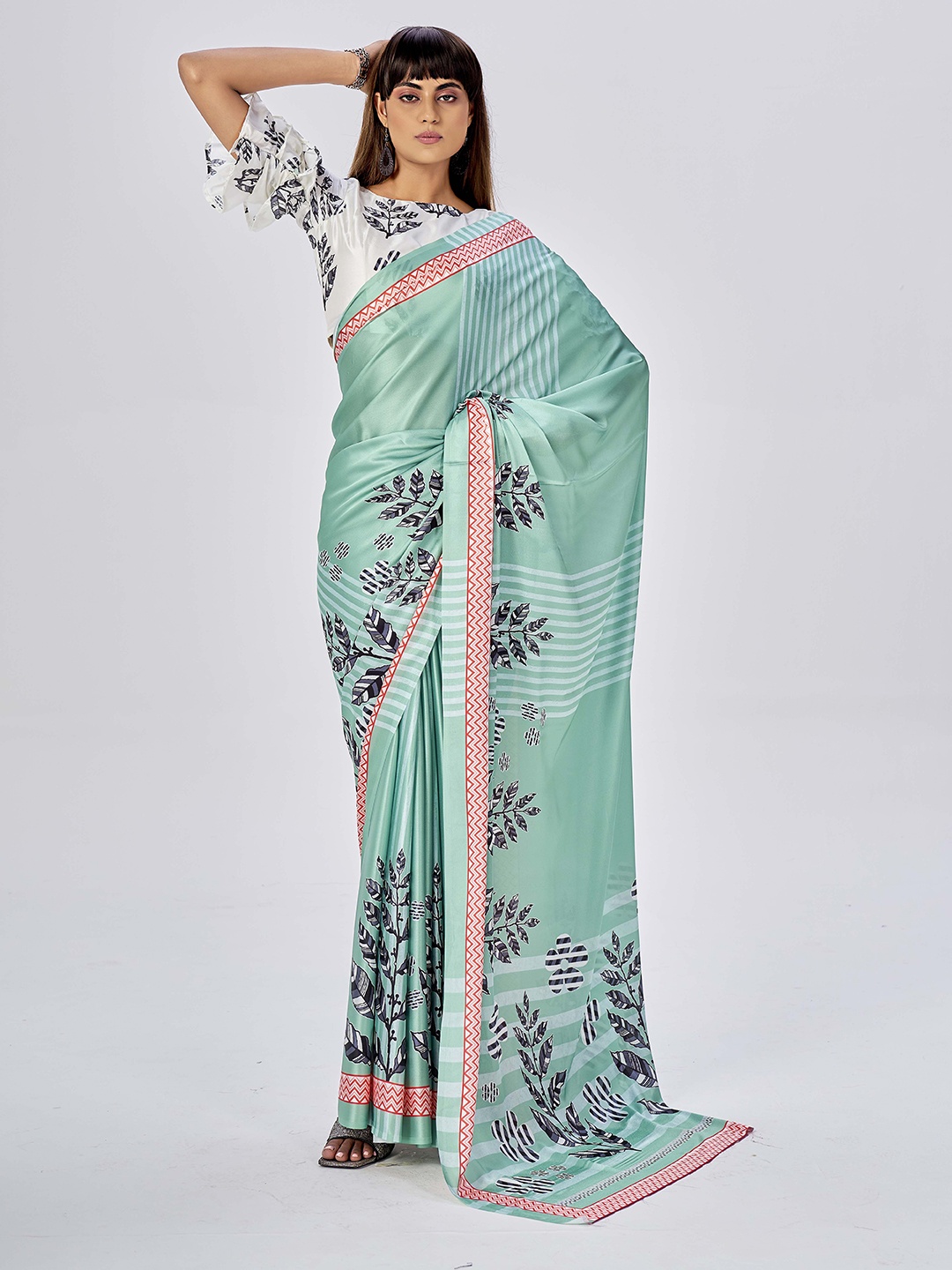 

Ethnielle Floral Satin Saree, Sea green