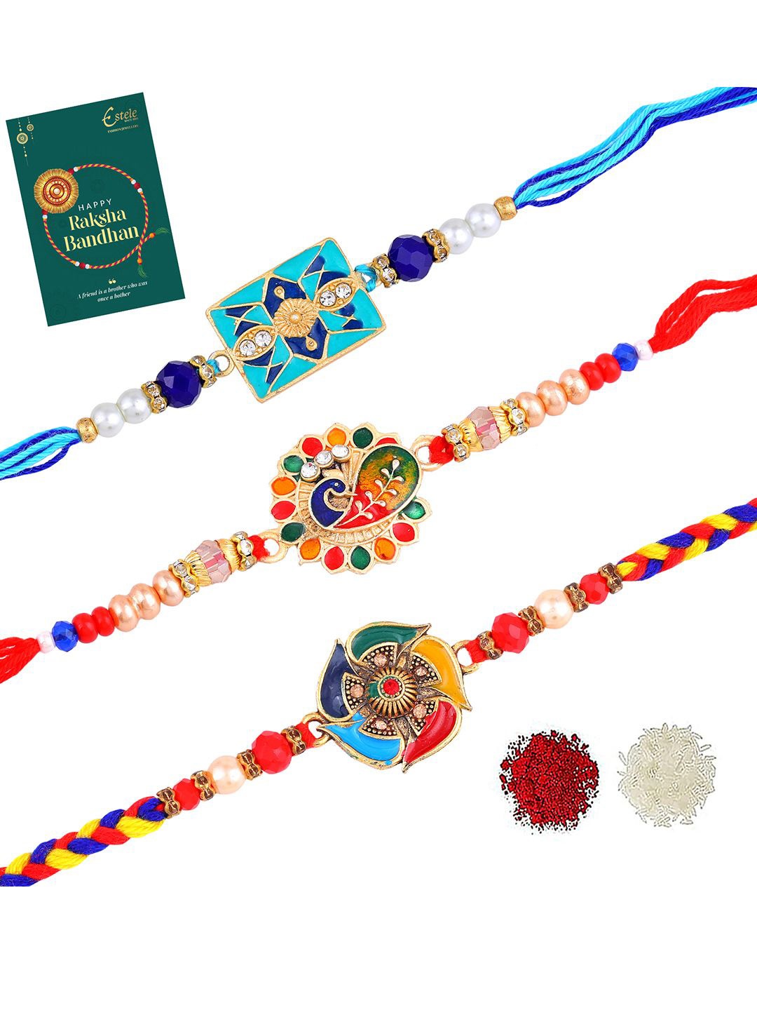

Estele Set Of 3 Thread & Beaded Tie Up Rakhis, Red